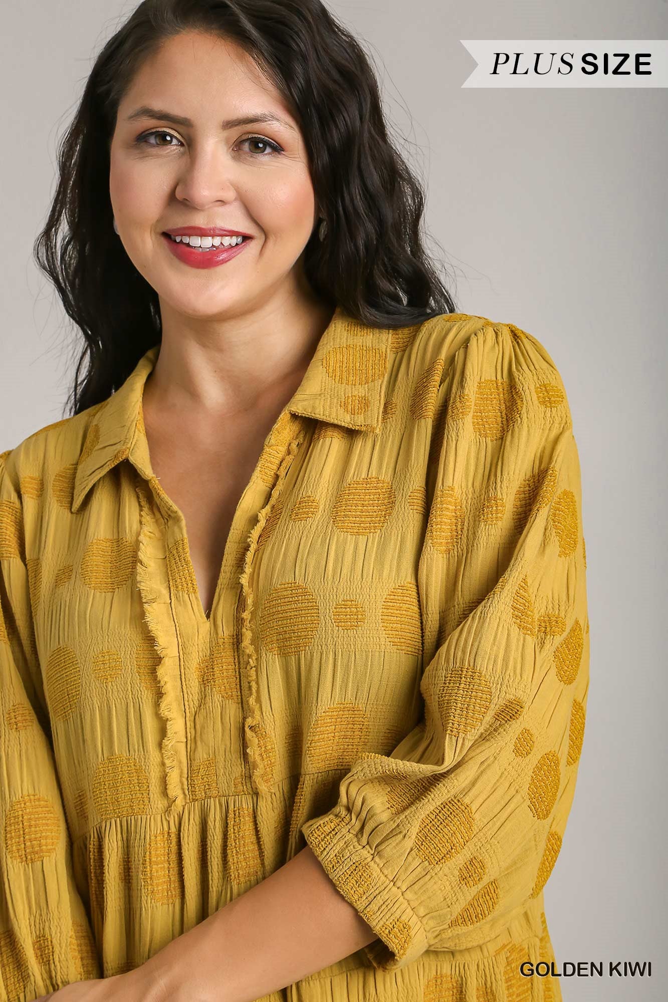 Umgee Plus Solid Dotted V-Neck Collared Tiered Midi Dress