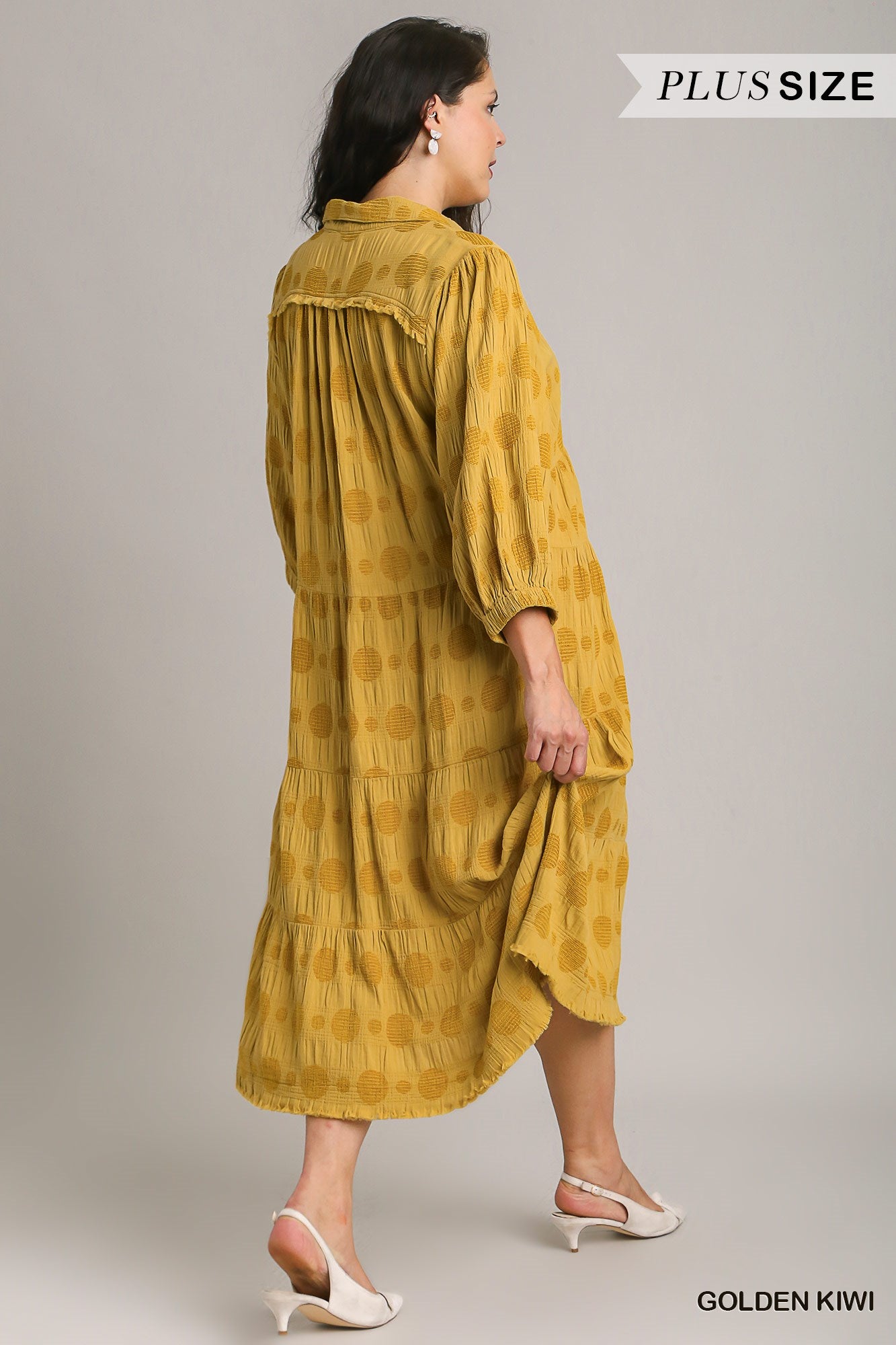 Umgee Plus Solid Dotted V-Neck Collared Tiered Midi Dress