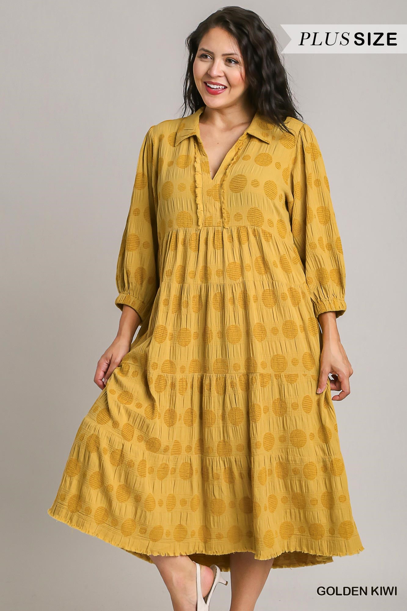 Umgee Plus Solid Dotted V-Neck Collared Tiered Midi Dress