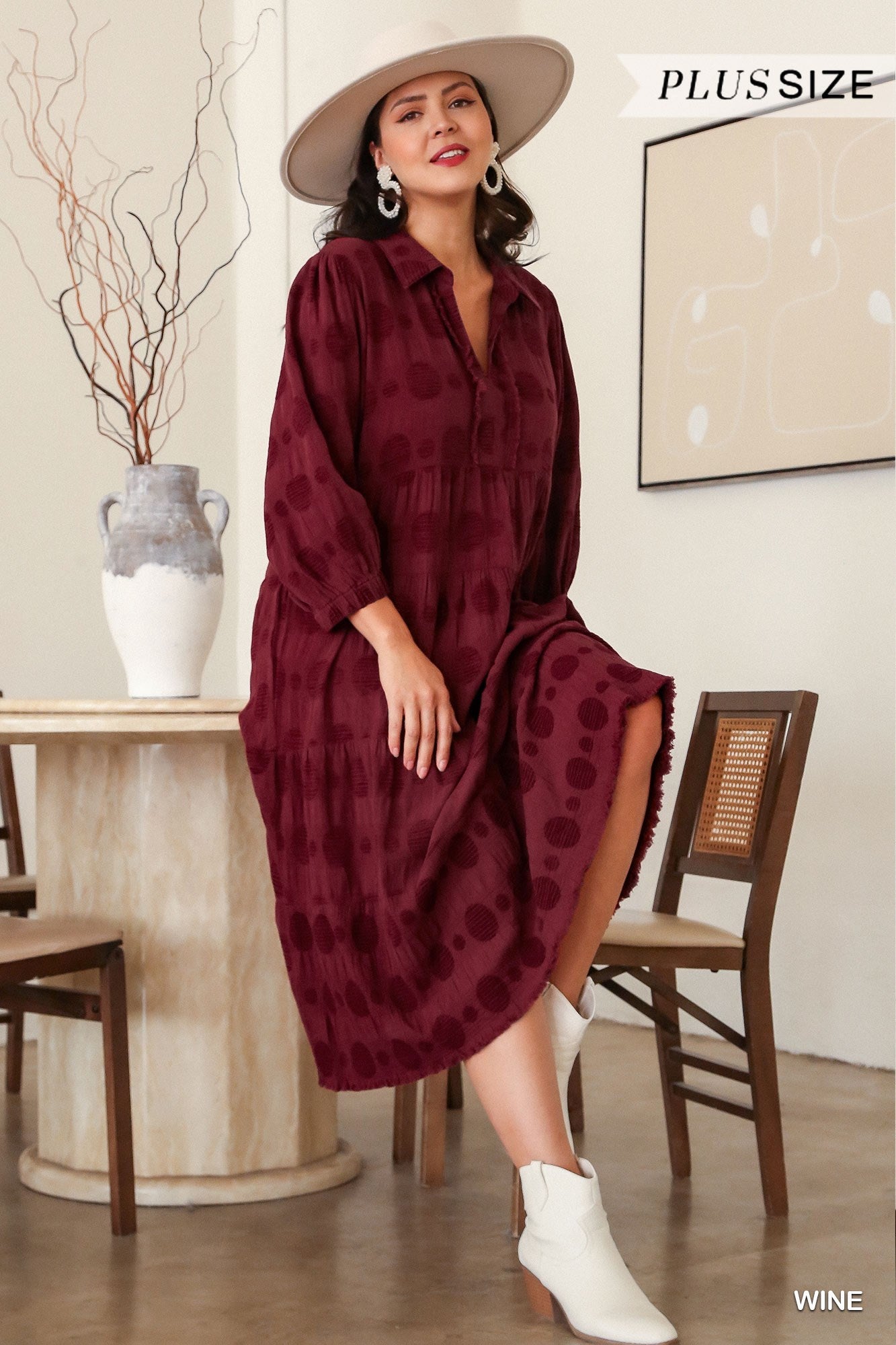 Umgee Plus Solid Dotted V-Neck Collared Tiered Midi Dress