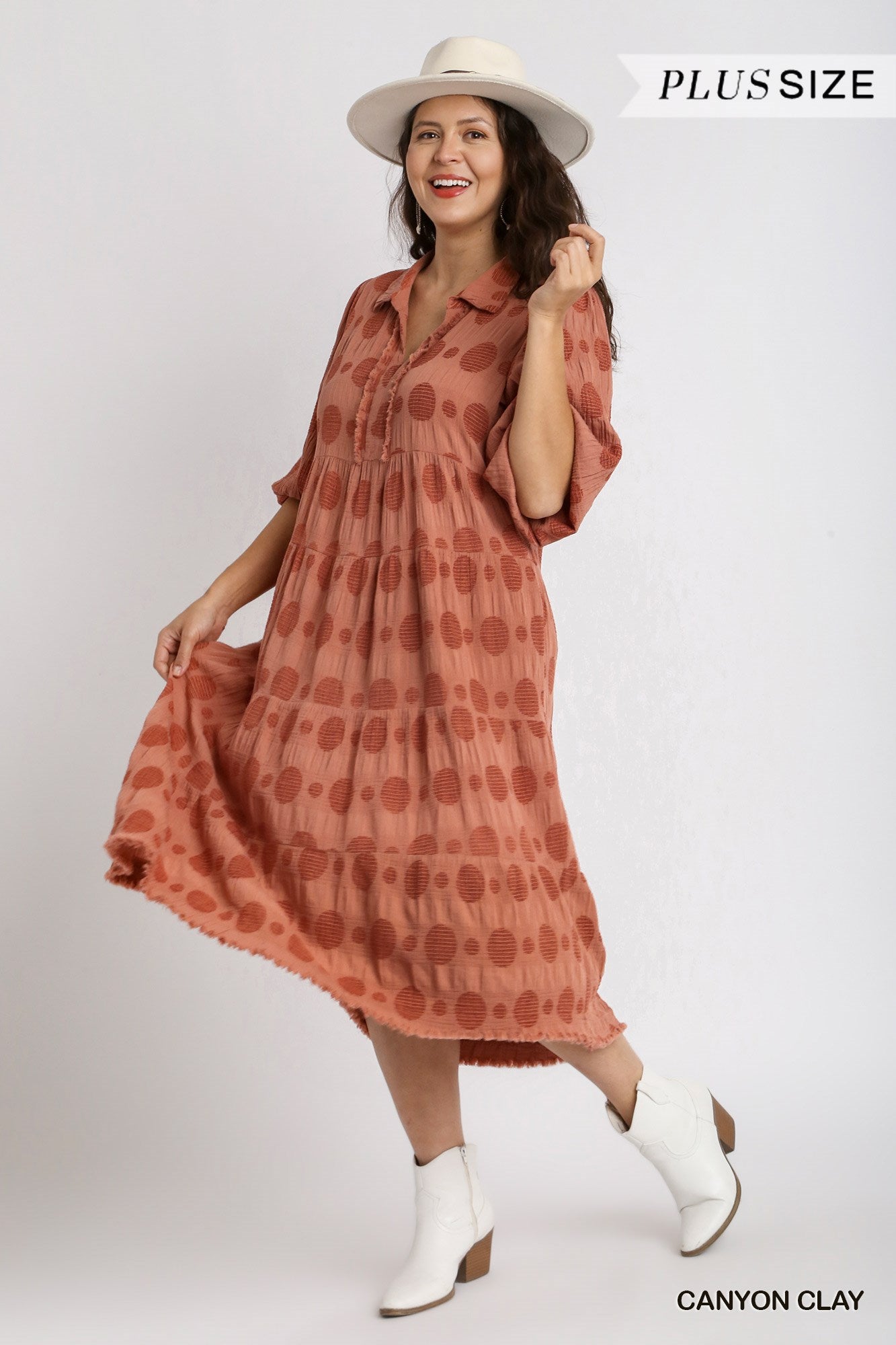 Umgee Plus Solid Dotted V-Neck Collared Tiered Midi Dress