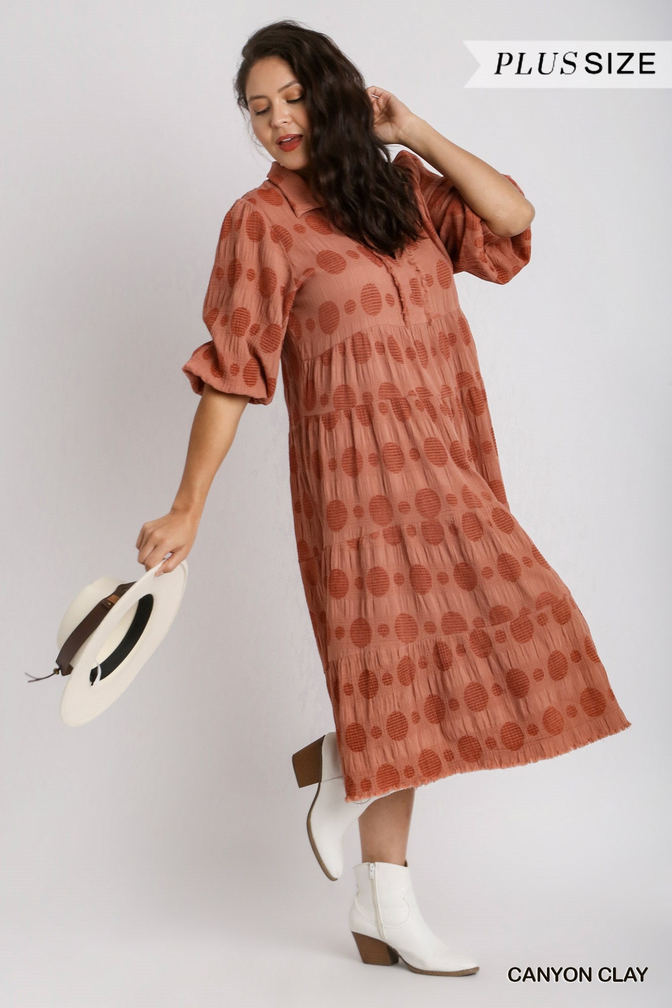 Umgee Plus Solid Dotted V-Neck Collared Tiered Midi Dress