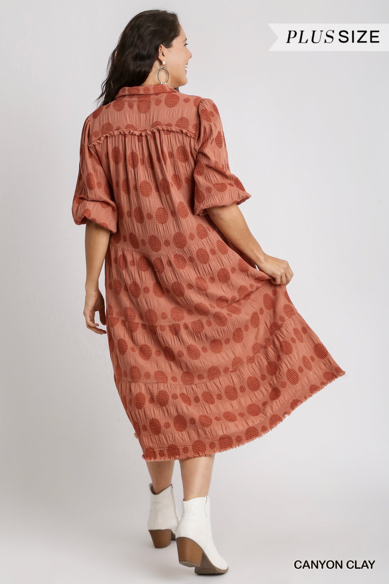 Umgee Plus Solid Dotted V-Neck Collared Tiered Midi Dress