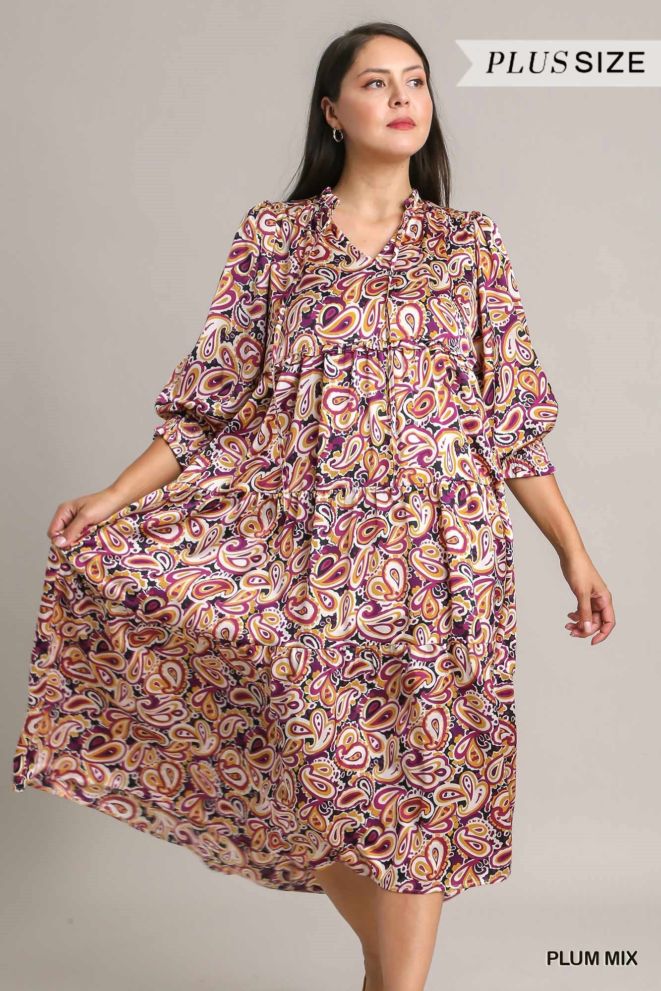 Umgee Plus Satin Paisley Ruffle Neck Tie Midi Dress
