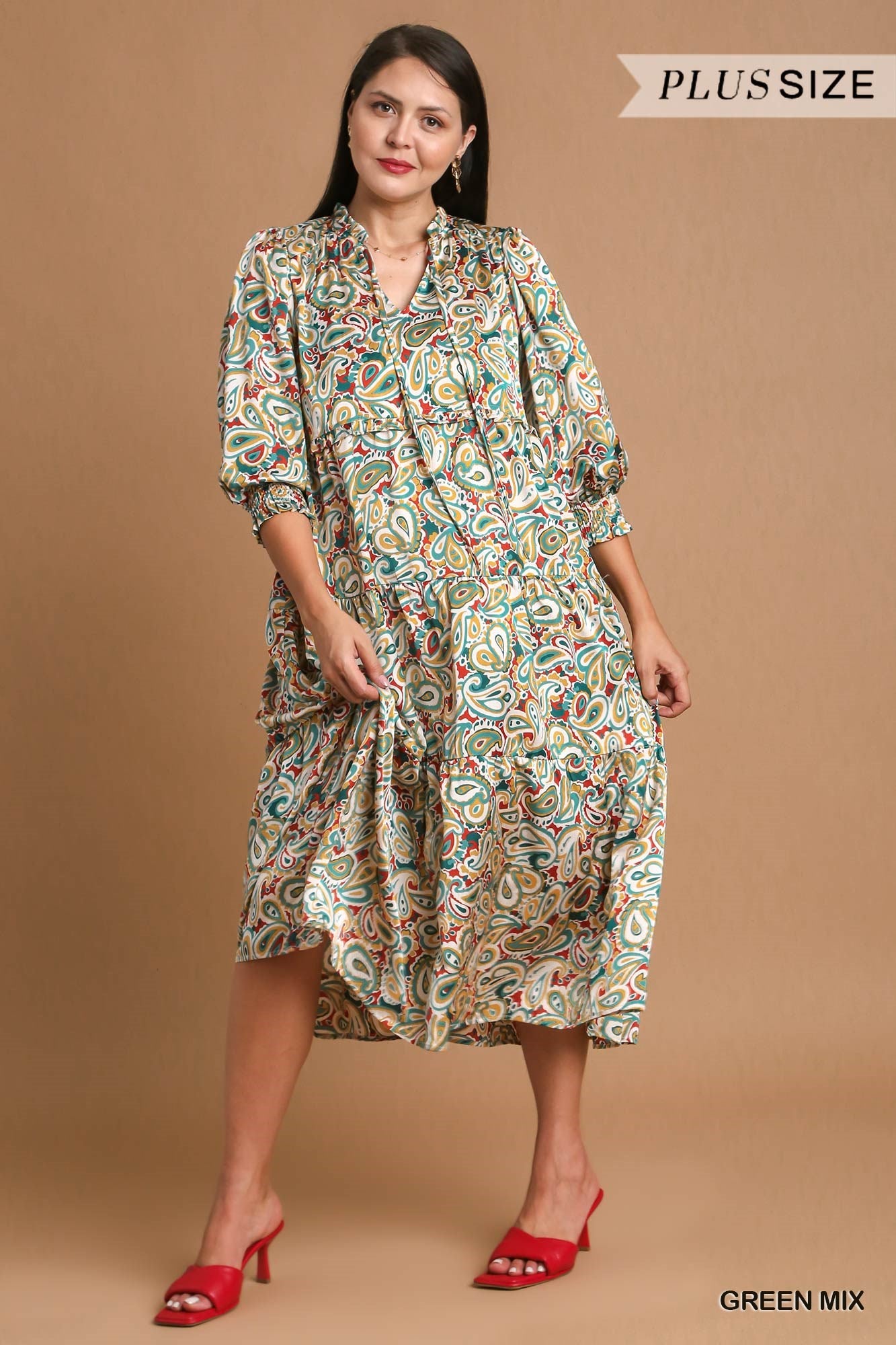 Umgee Plus Satin Paisley Ruffle Neck Tie Midi Dress