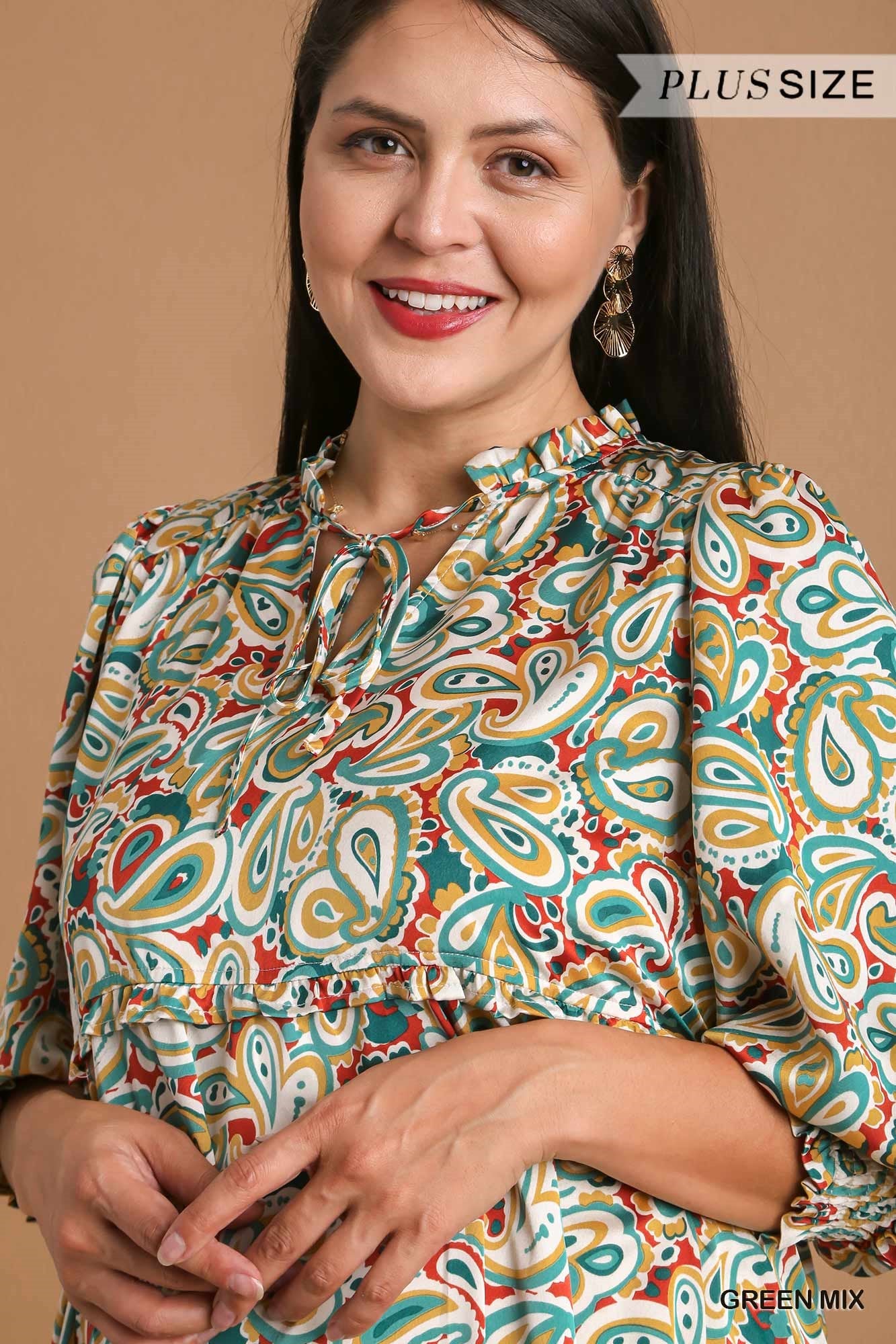 Umgee Plus Satin Paisley Ruffle Neck Tie Midi Dress