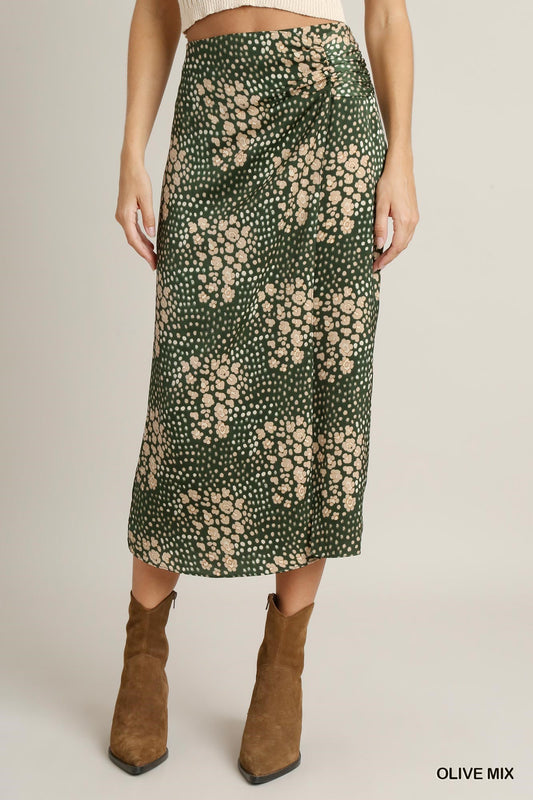 Umgee Satin Animal Print Slit Shirring Midi Skirt