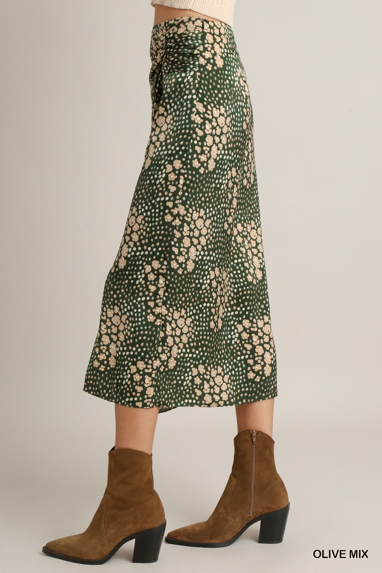 Umgee Satin Animal Print Slit Shirring Midi Skirt