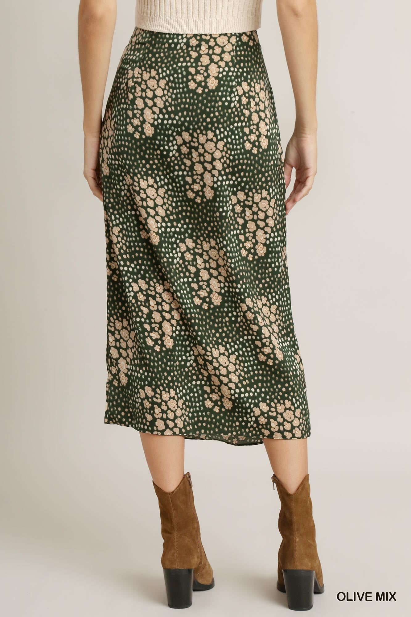 Umgee Satin Animal Print Slit Shirring Midi Skirt