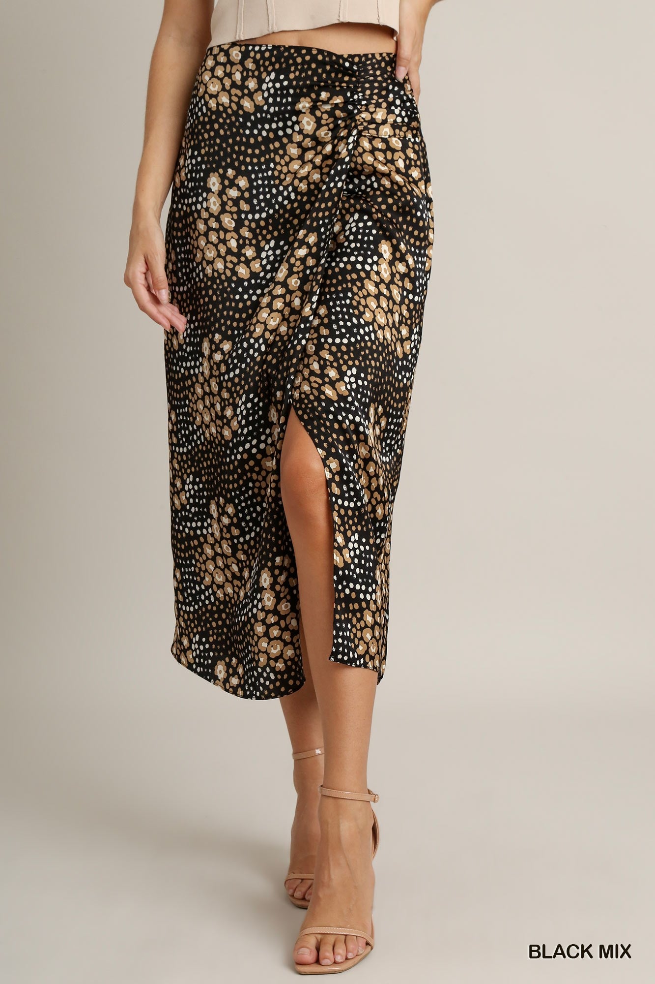 Umgee Satin Animal Print Slit Shirring Midi Skirt