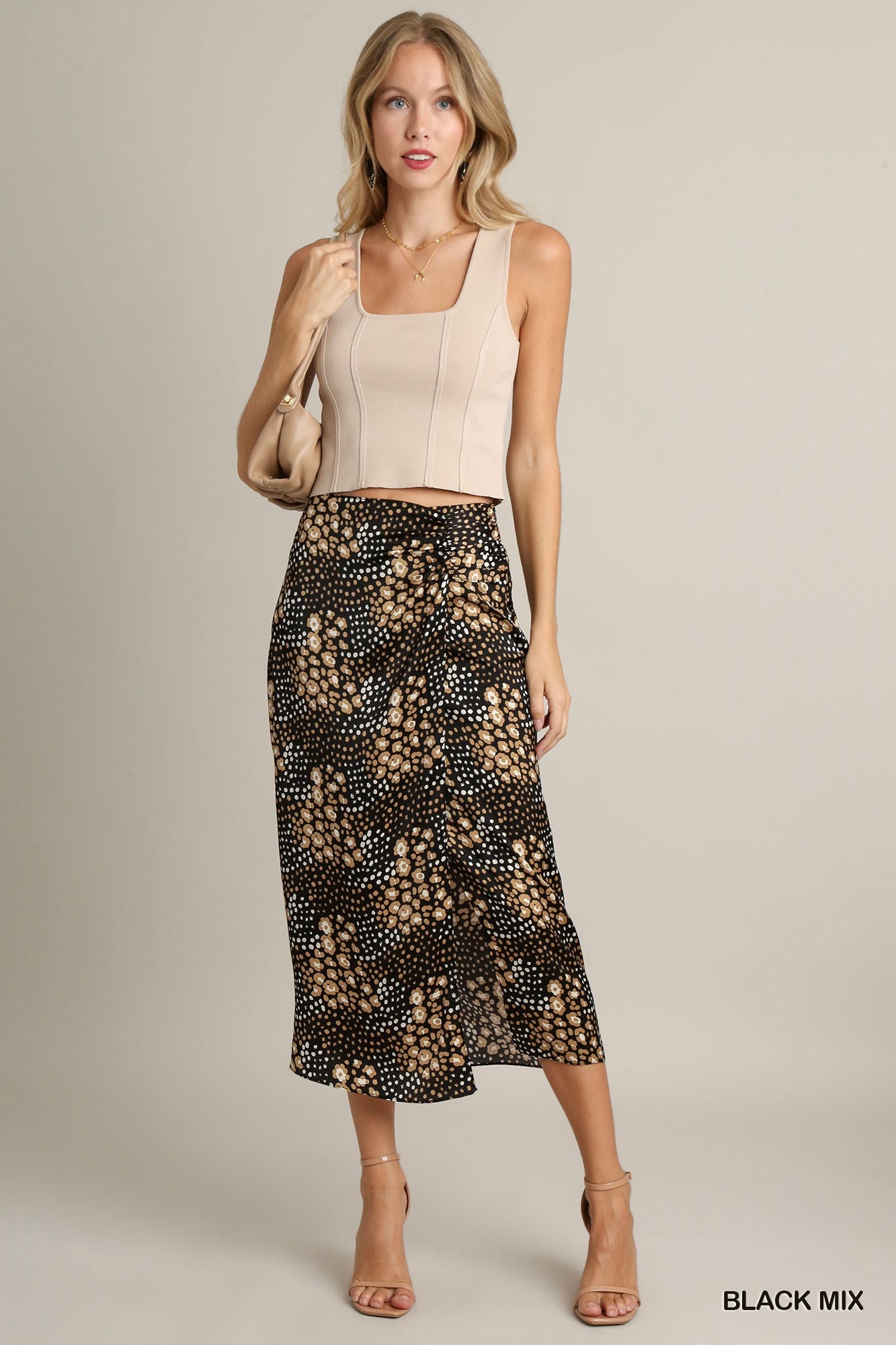 Umgee Satin Animal Print Slit Shirring Midi Skirt