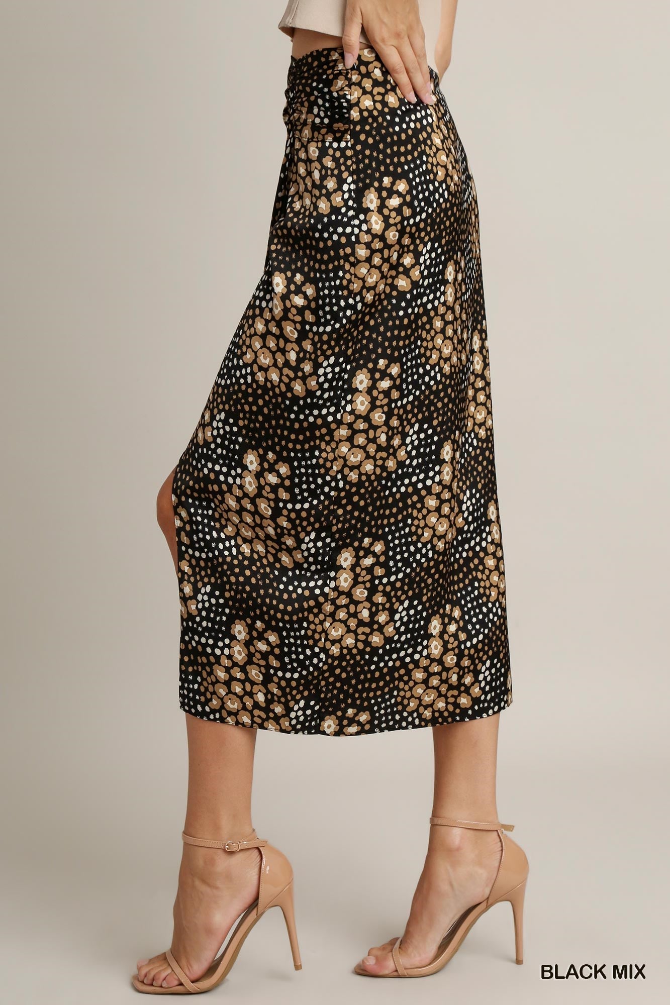 Umgee Satin Animal Print Slit Shirring Midi Skirt