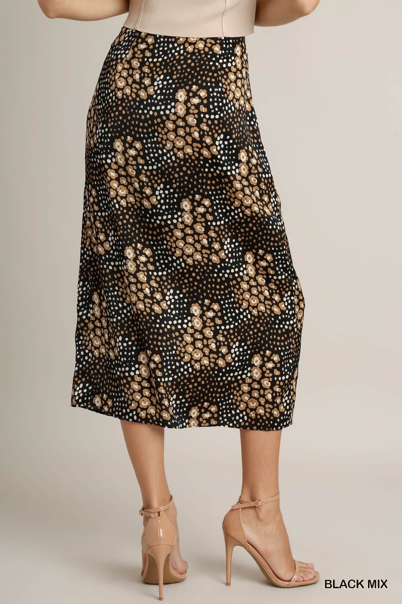 Umgee Satin Animal Print Slit Shirring Midi Skirt