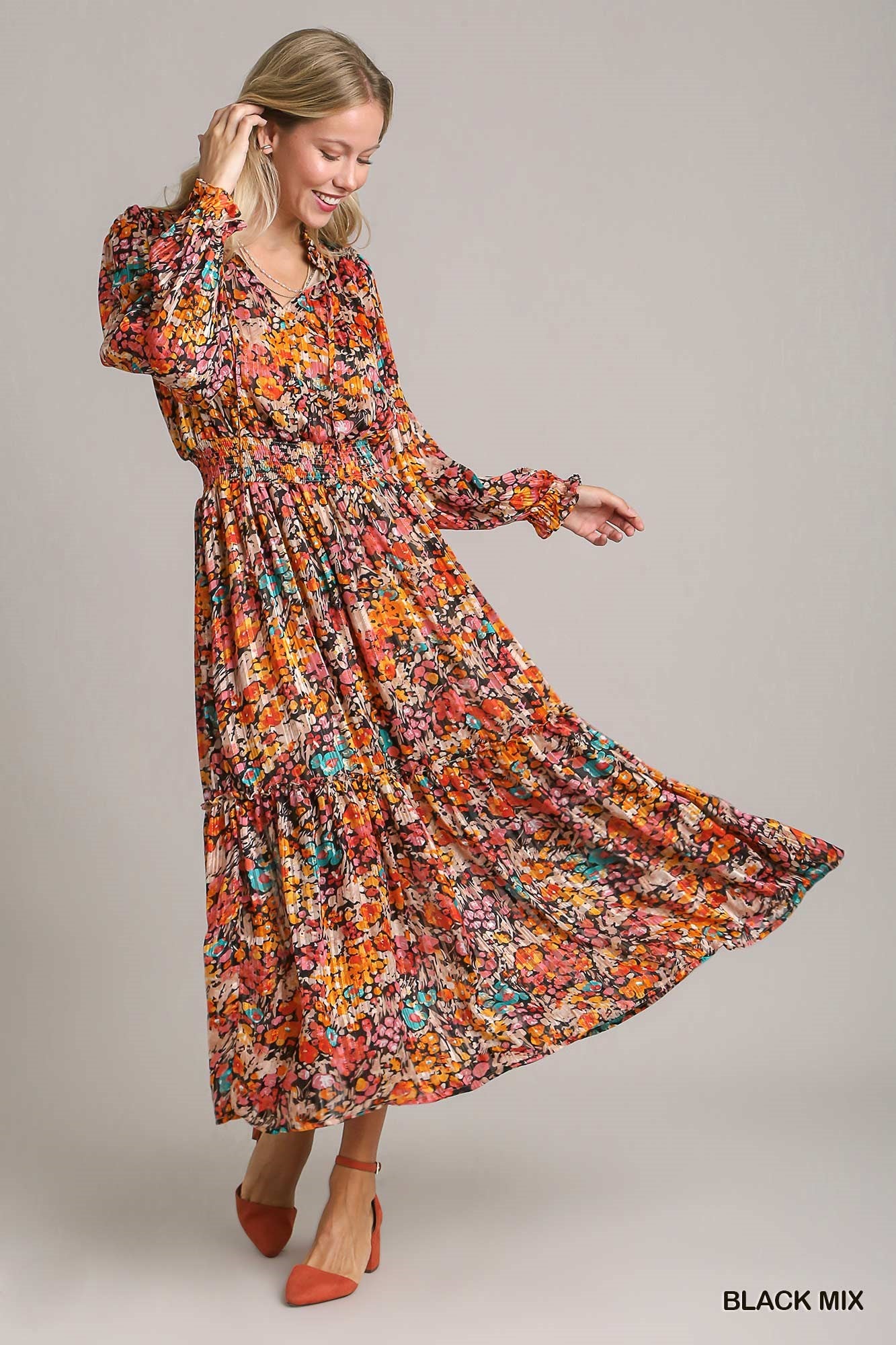 Umgee Floral Midi with Smocked Waistband Dress - Roulhac Fashion Boutique