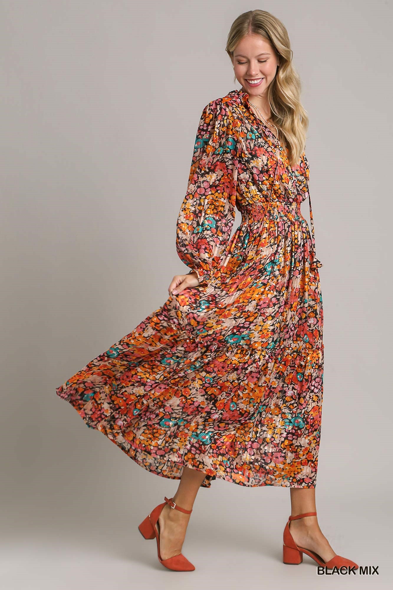 Umgee Floral Midi with Smocked Waistband Dress - Roulhac Fashion Boutique