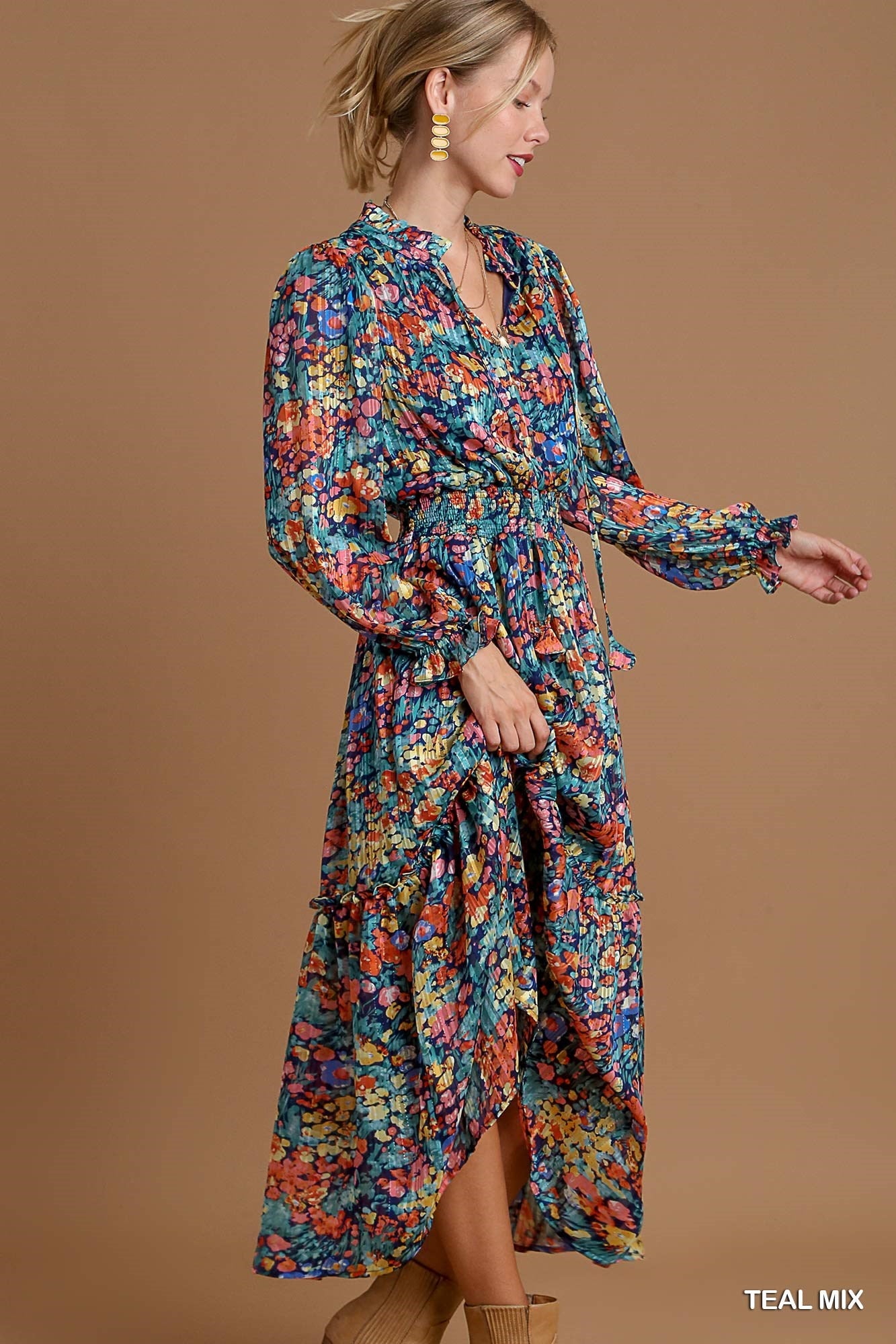 Umgee Floral Midi with Smocked Waistband Dress - Roulhac Fashion Boutique