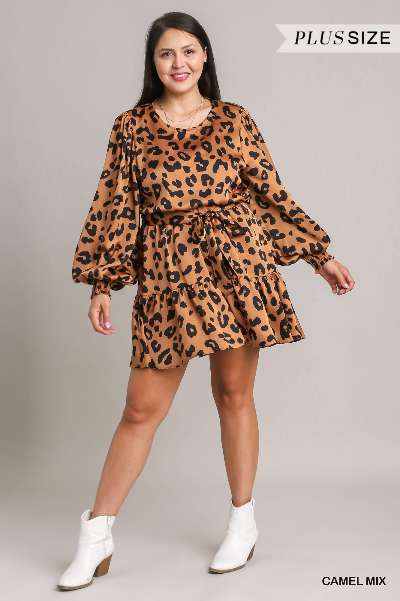 Umgee Plus Satin Animal Print Belt Mini Dress