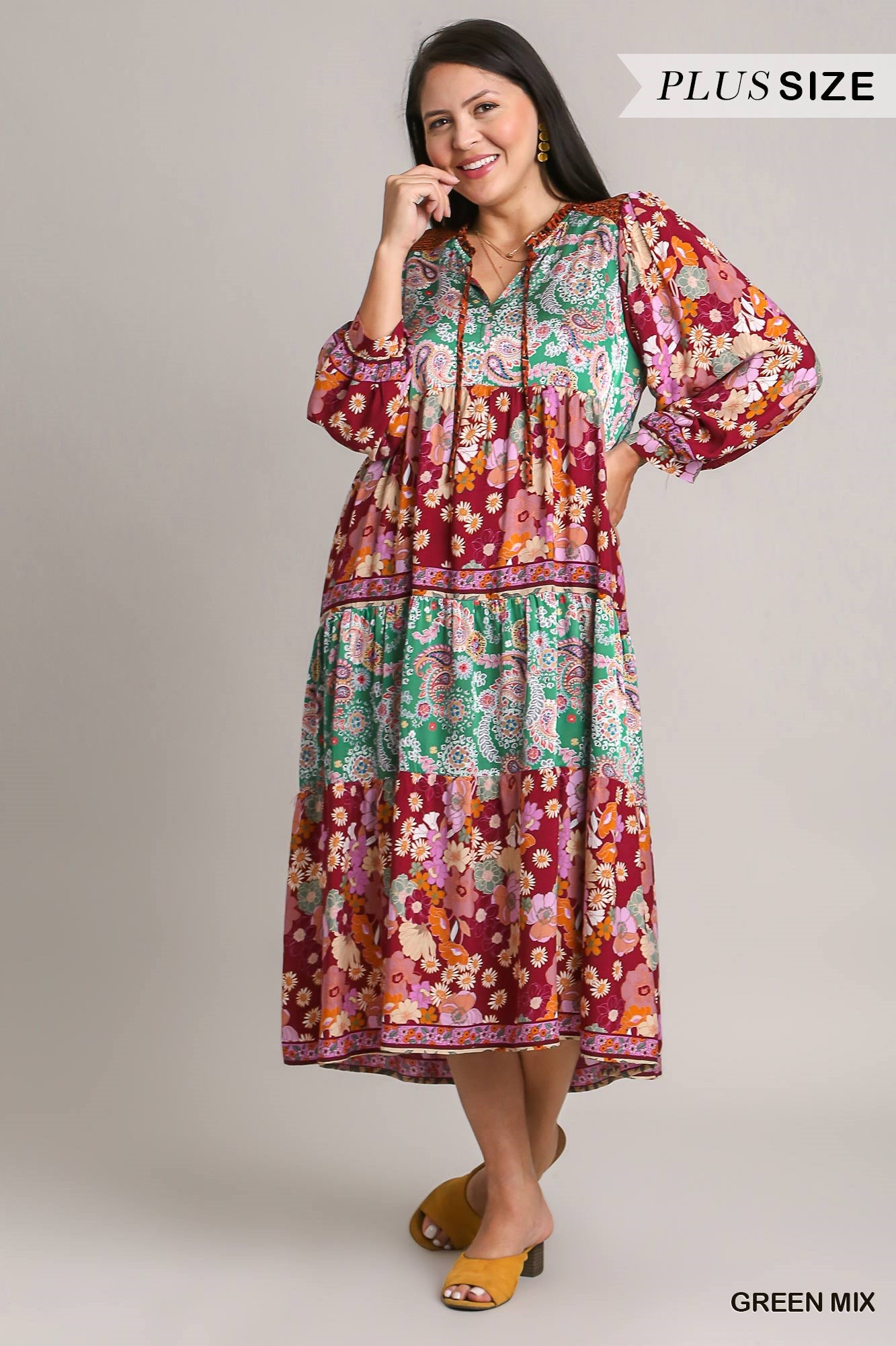 Umgee Plus Mix Match Floral Print Midi Dress