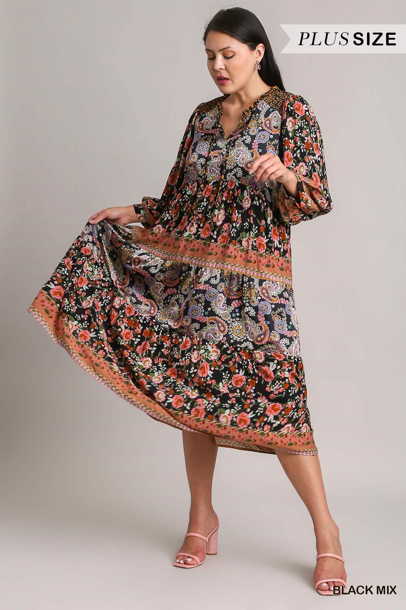 Umgee Plus Mix Match Floral Print Midi Dress