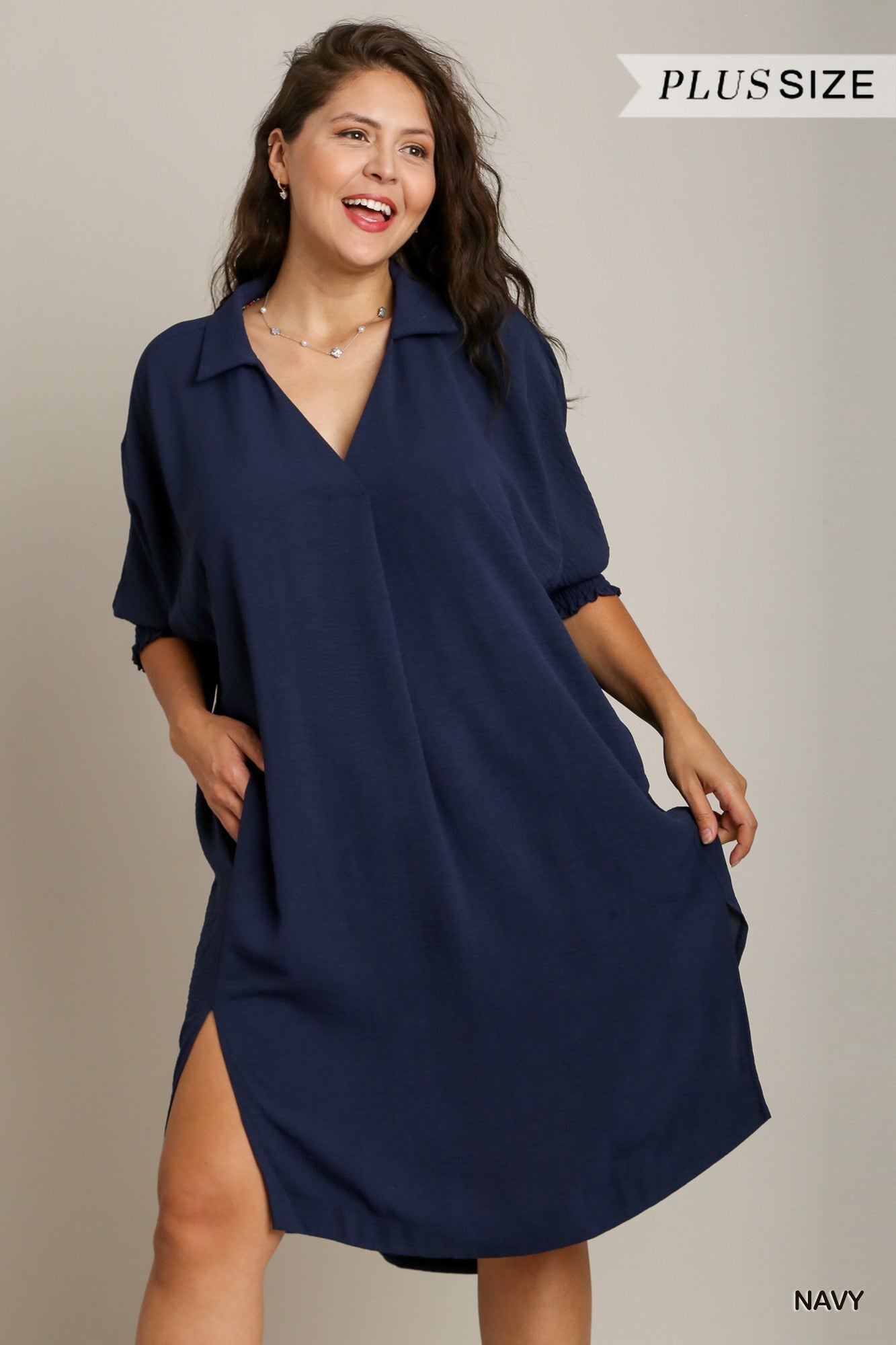 Umgee Plus Solid Textured Smocked Cuff 3/4 Sleeve Oversized High Low Hem Dress
