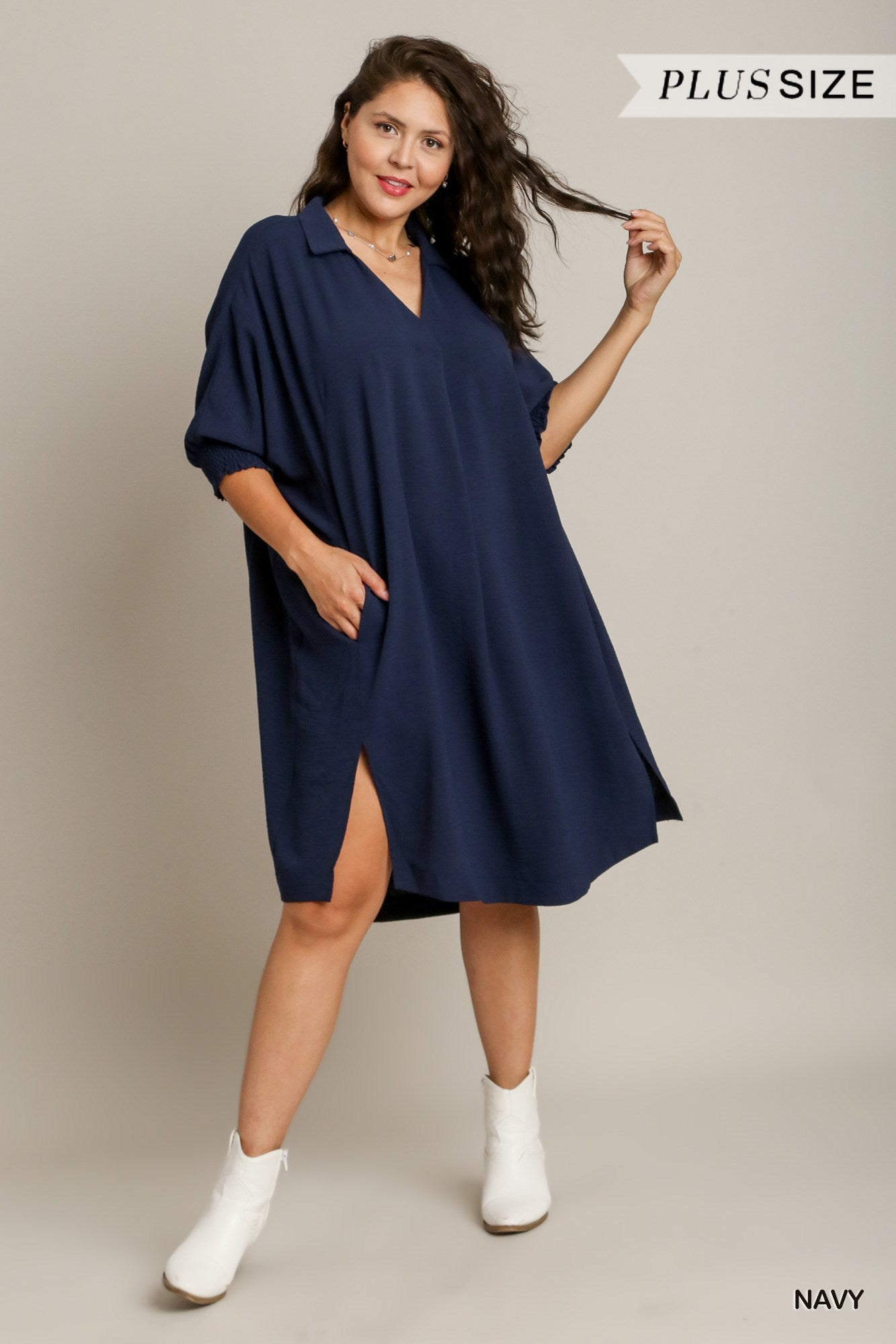 Umgee Plus Solid Textured Smocked Cuff 3/4 Sleeve Oversized High Low Hem Dress