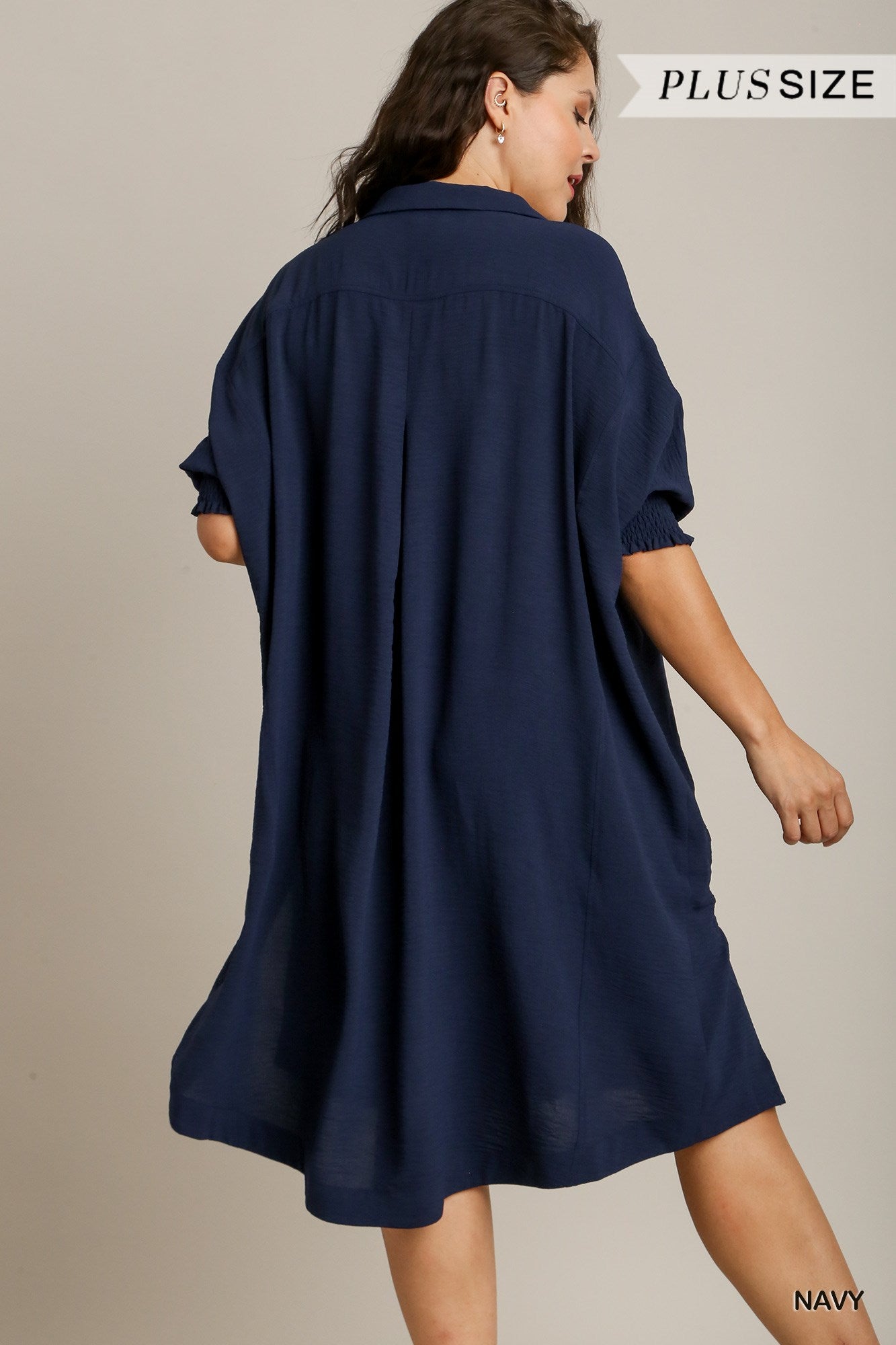 Umgee Plus Solid Textured Smocked Cuff 3/4 Sleeve Oversized High Low Hem Dress