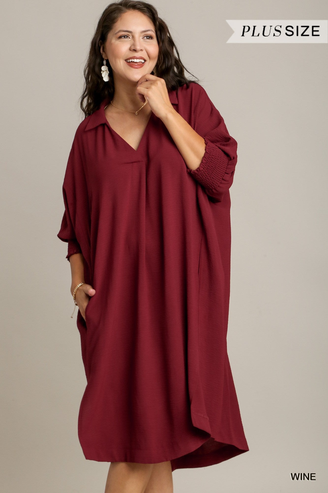 Umgee Plus Solid Textured Smocked Cuff 3/4 Sleeve Oversized High Low Hem Dress