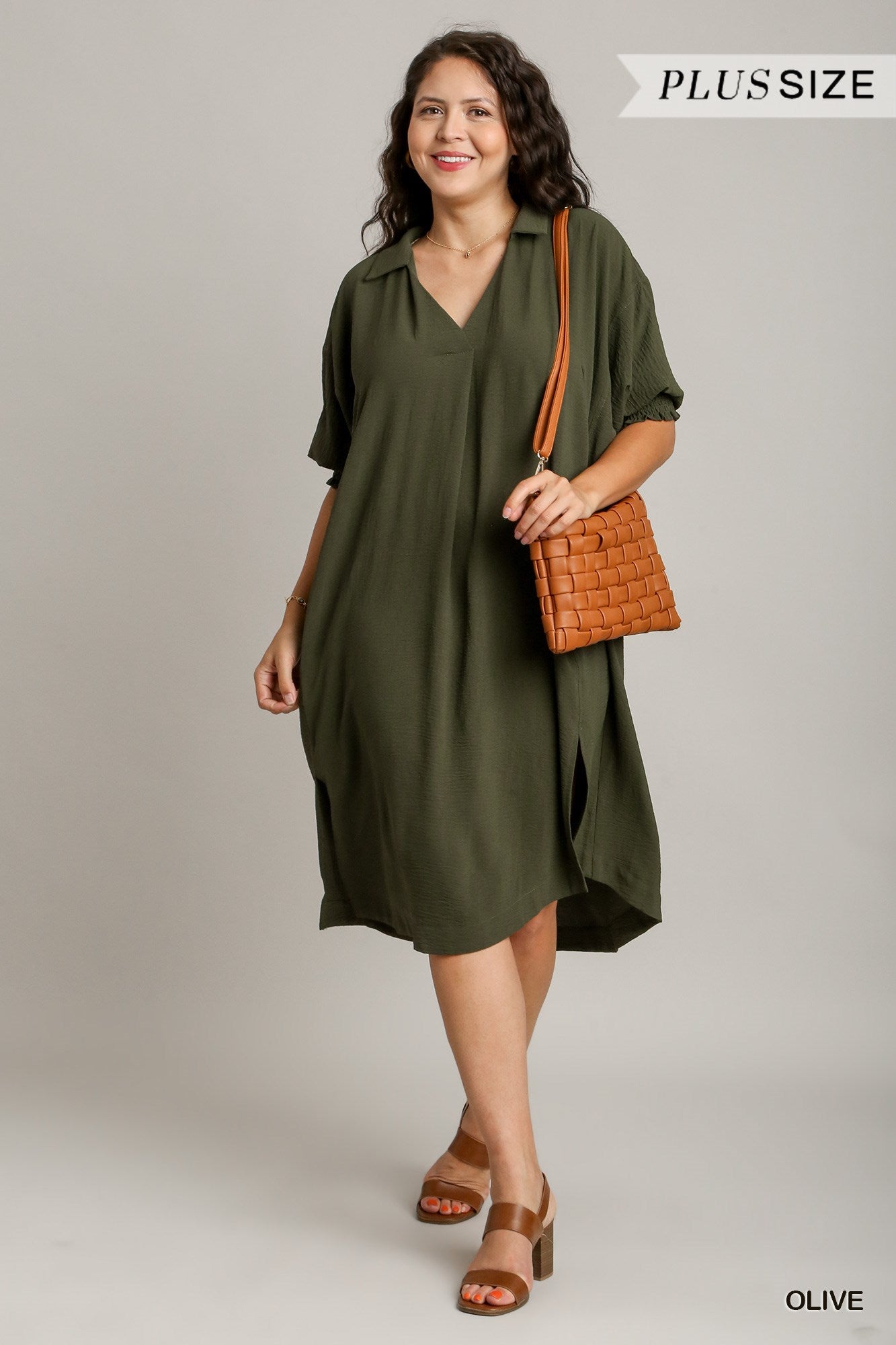 Umgee Plus Solid Textured Smocked Cuff 3/4 Sleeve Oversized High Low Hem Dress