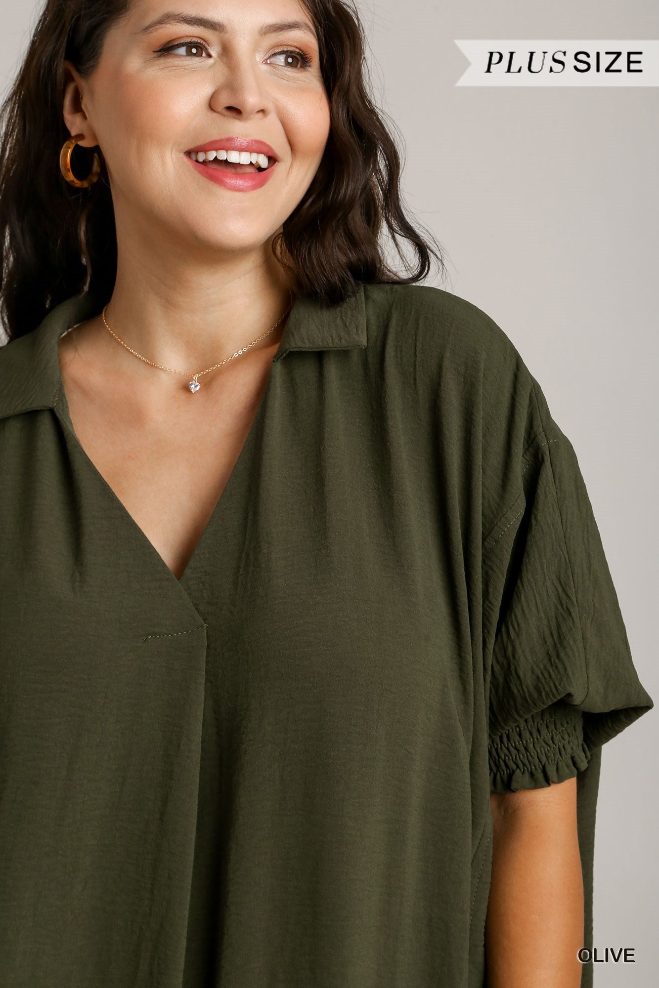 Umgee Plus Solid Textured Smocked Cuff 3/4 Sleeve Oversized High Low Hem Dress