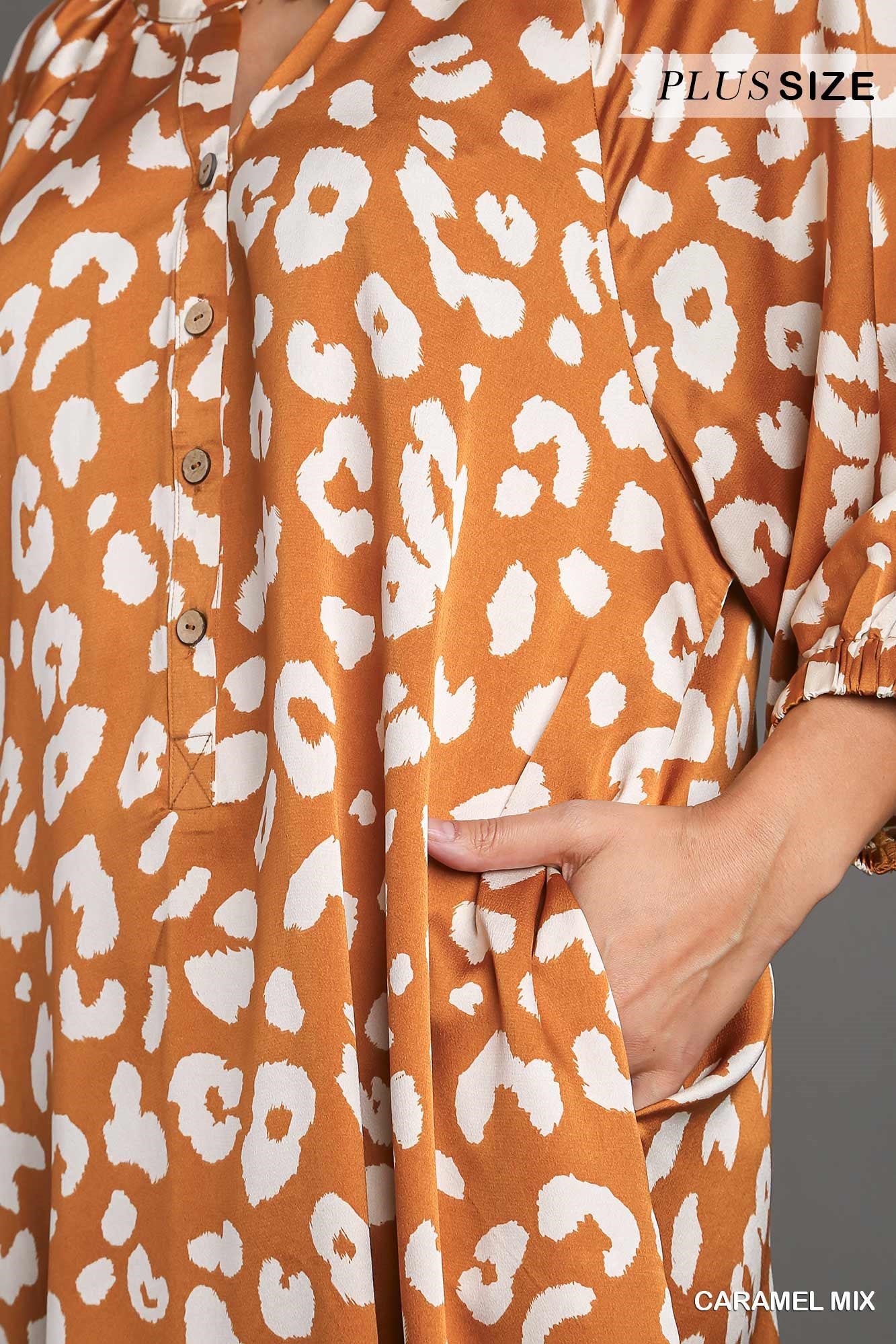 Umgee Plus Satin Animal Print Mandarin Collared Maxi Dress