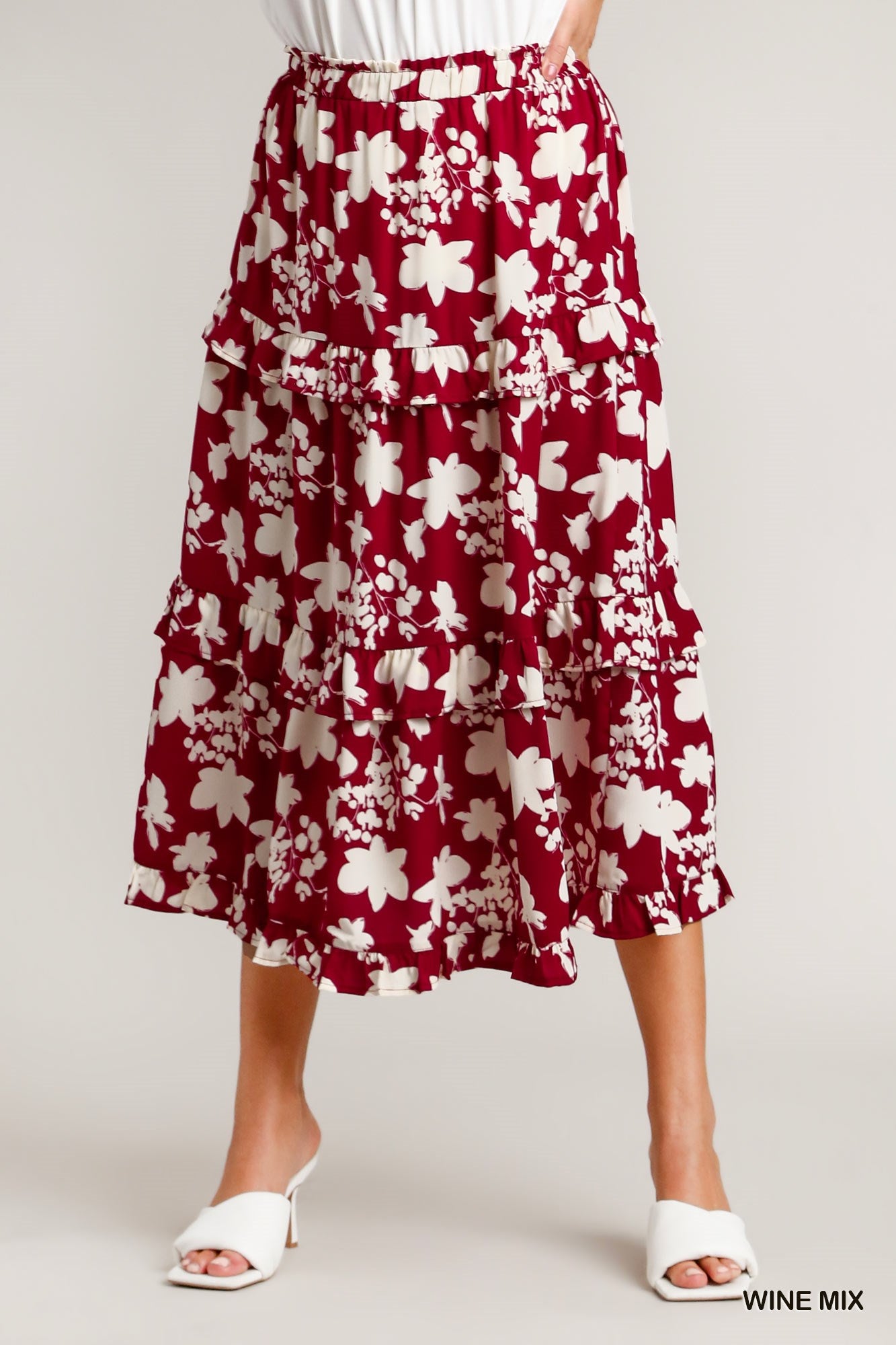 Umgee Two Tone Flower Print Smocking Waistband Midi Length Skirt