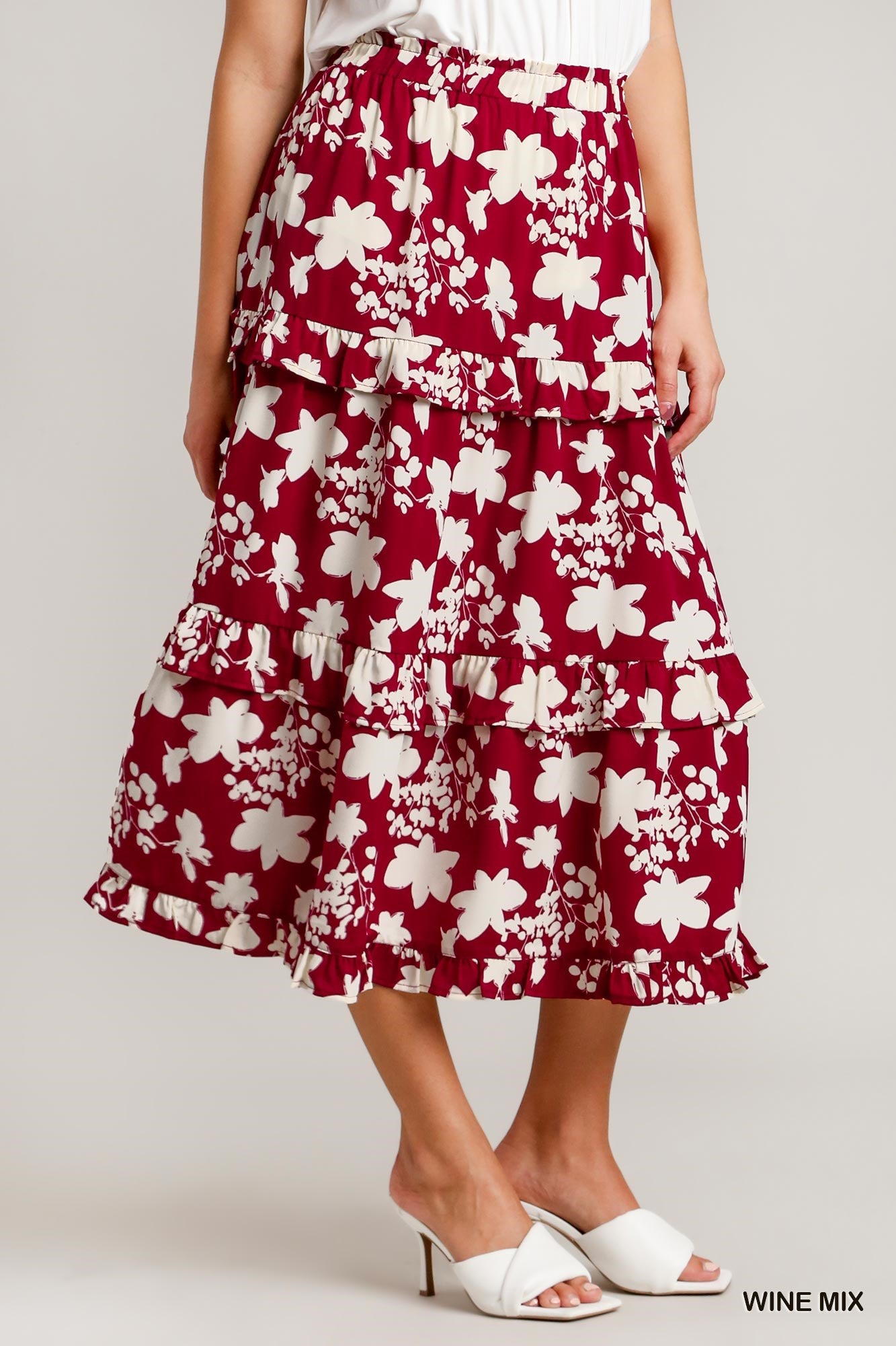 Umgee Two Tone Flower Print Smocking Waistband Midi Length Skirt
