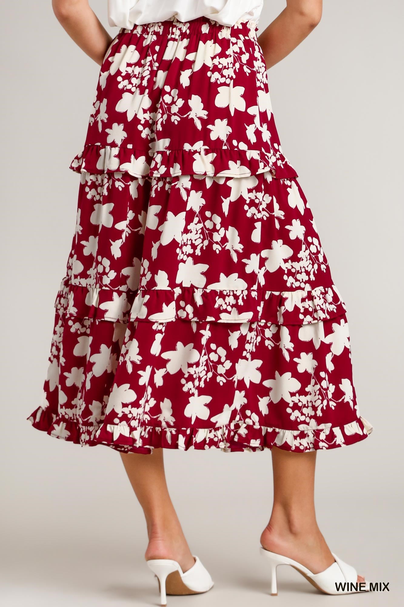 Umgee Two Tone Flower Print Smocking Waistband Midi Length Skirt