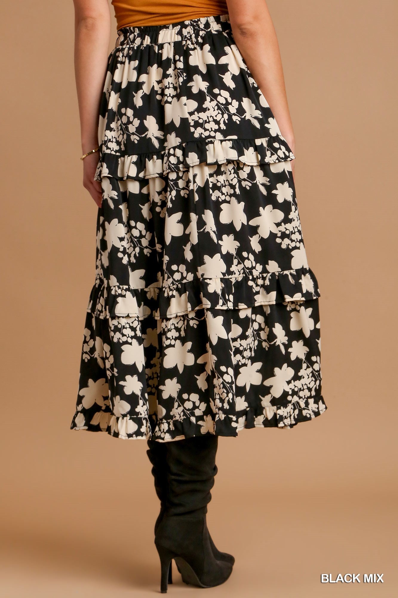 Umgee Two Tone Flower Print Smocking Waistband Midi Length Skirt