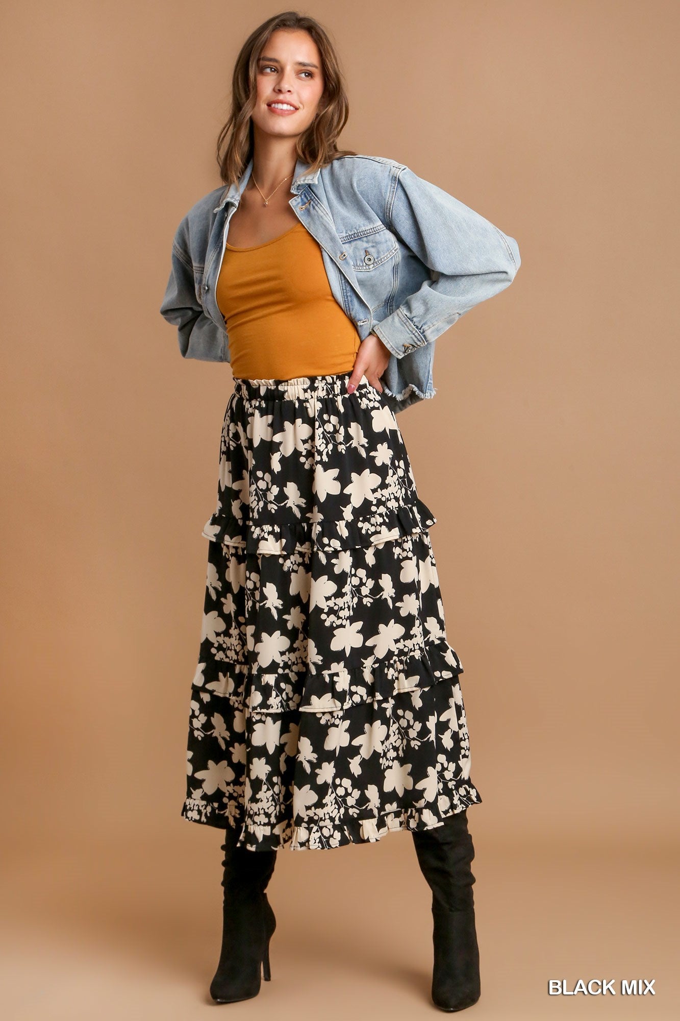 Umgee Two Tone Flower Print Smocking Waistband Midi Length Skirt