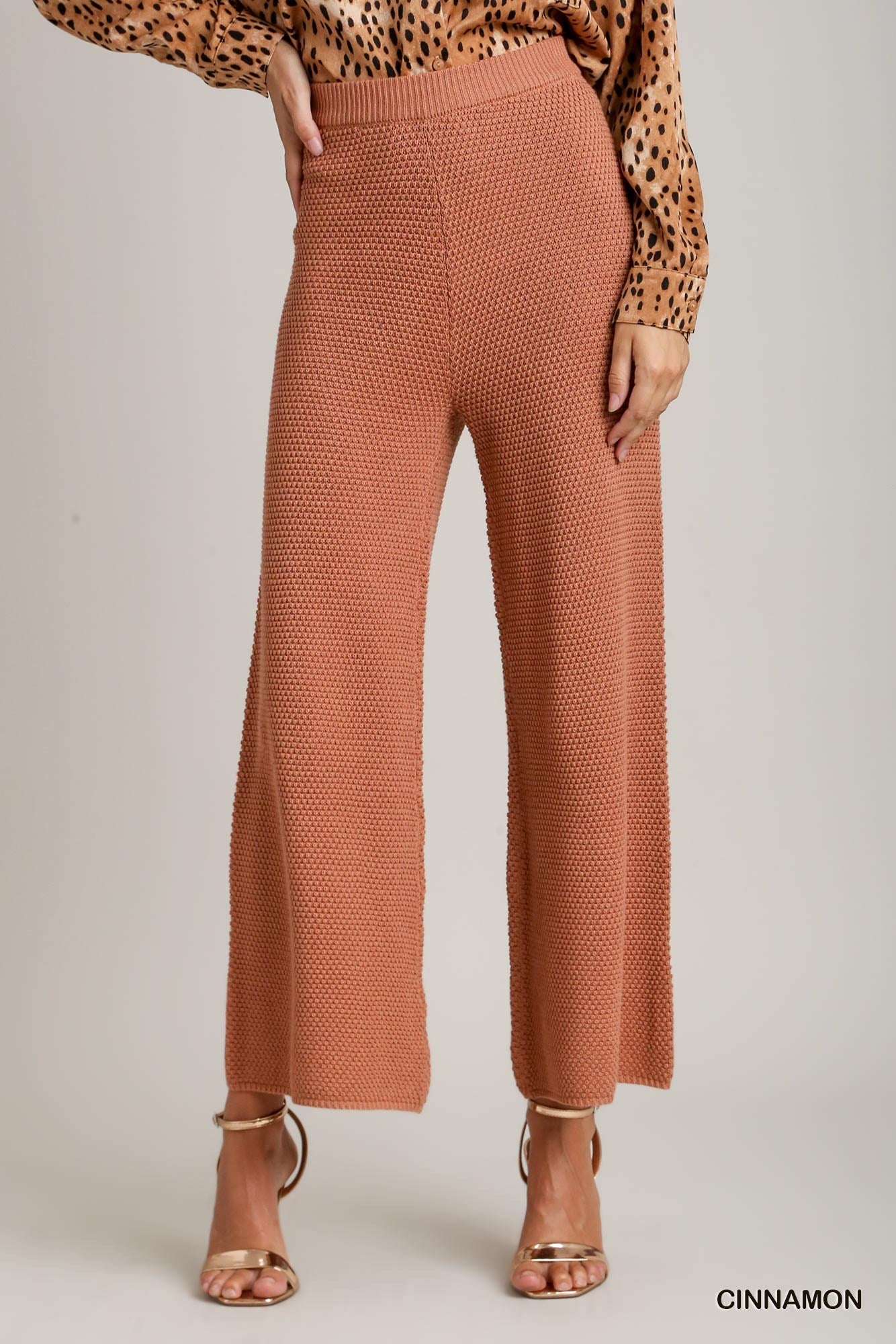 Umgee Knitted Elastic Waistband Wide Leg Pants