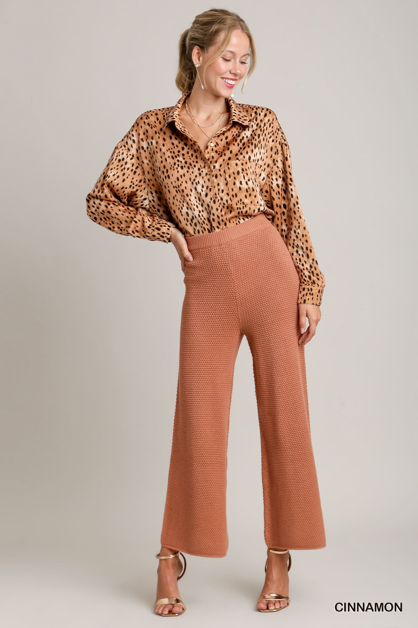 Umgee Knitted Elastic Waistband Wide Leg Pants