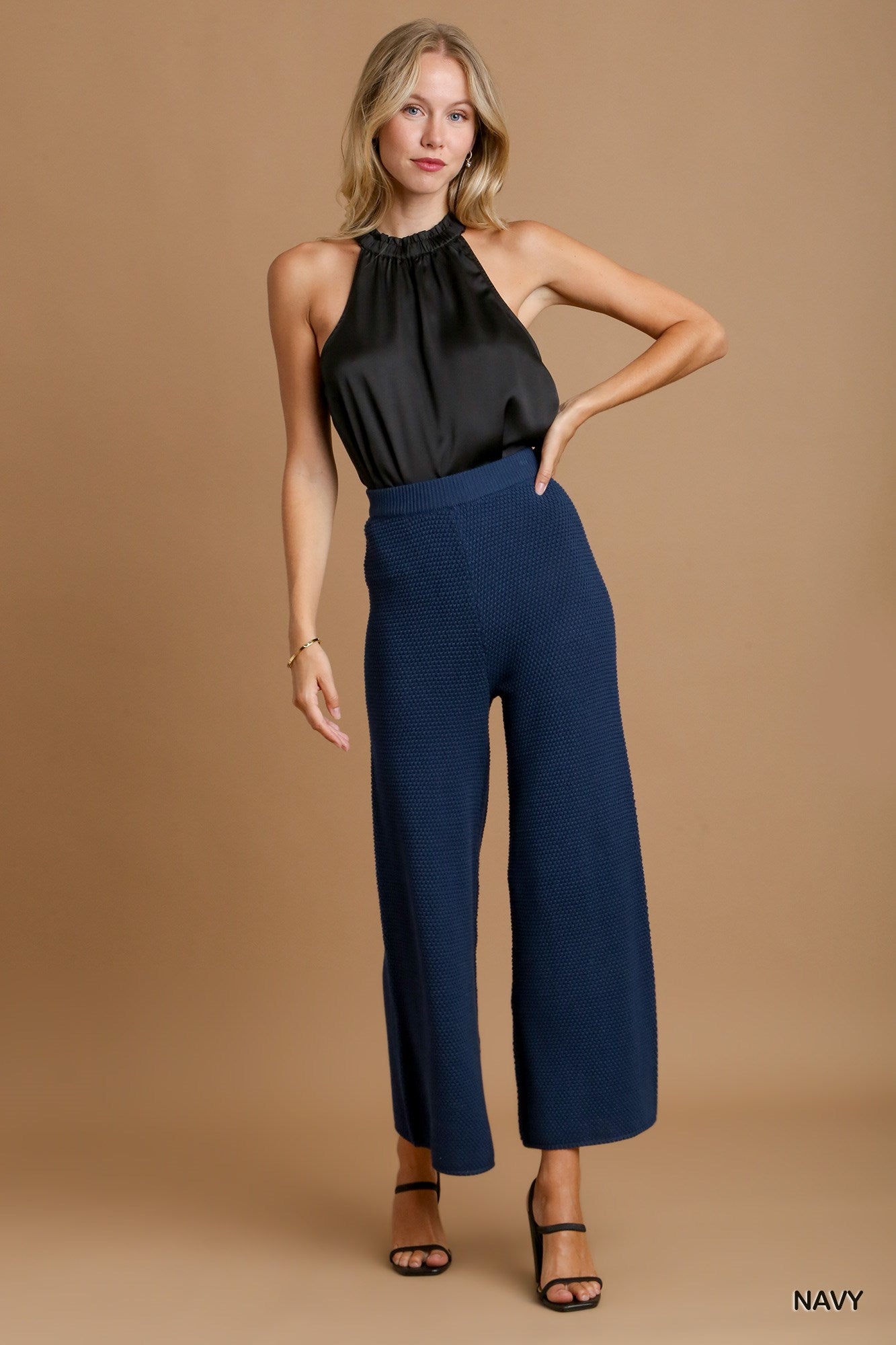 Umgee Knitted Elastic Waistband Wide Leg Pants