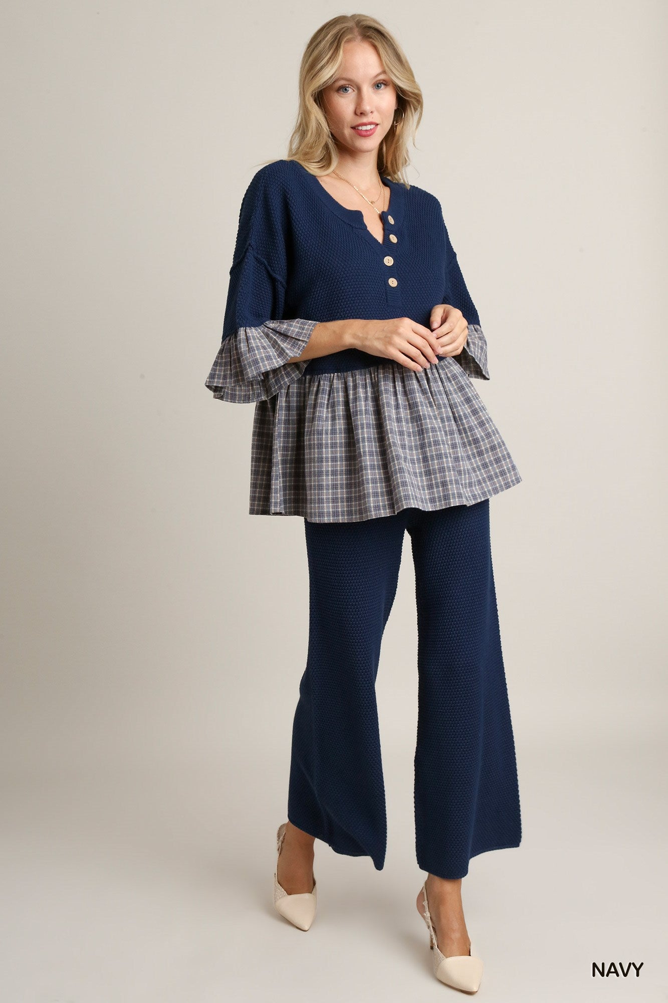 Umgee Knitted Elastic Waistband Wide Leg Pants