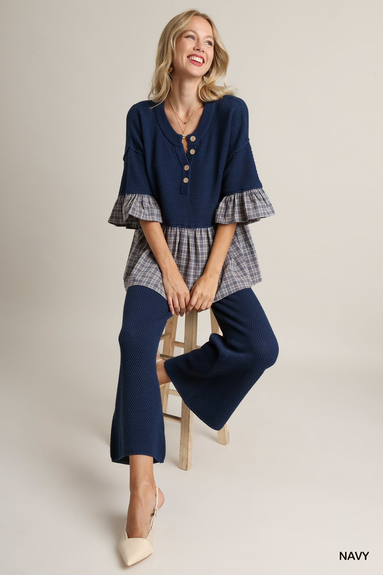 Umgee Knitted Elastic Waistband Wide Leg Pants