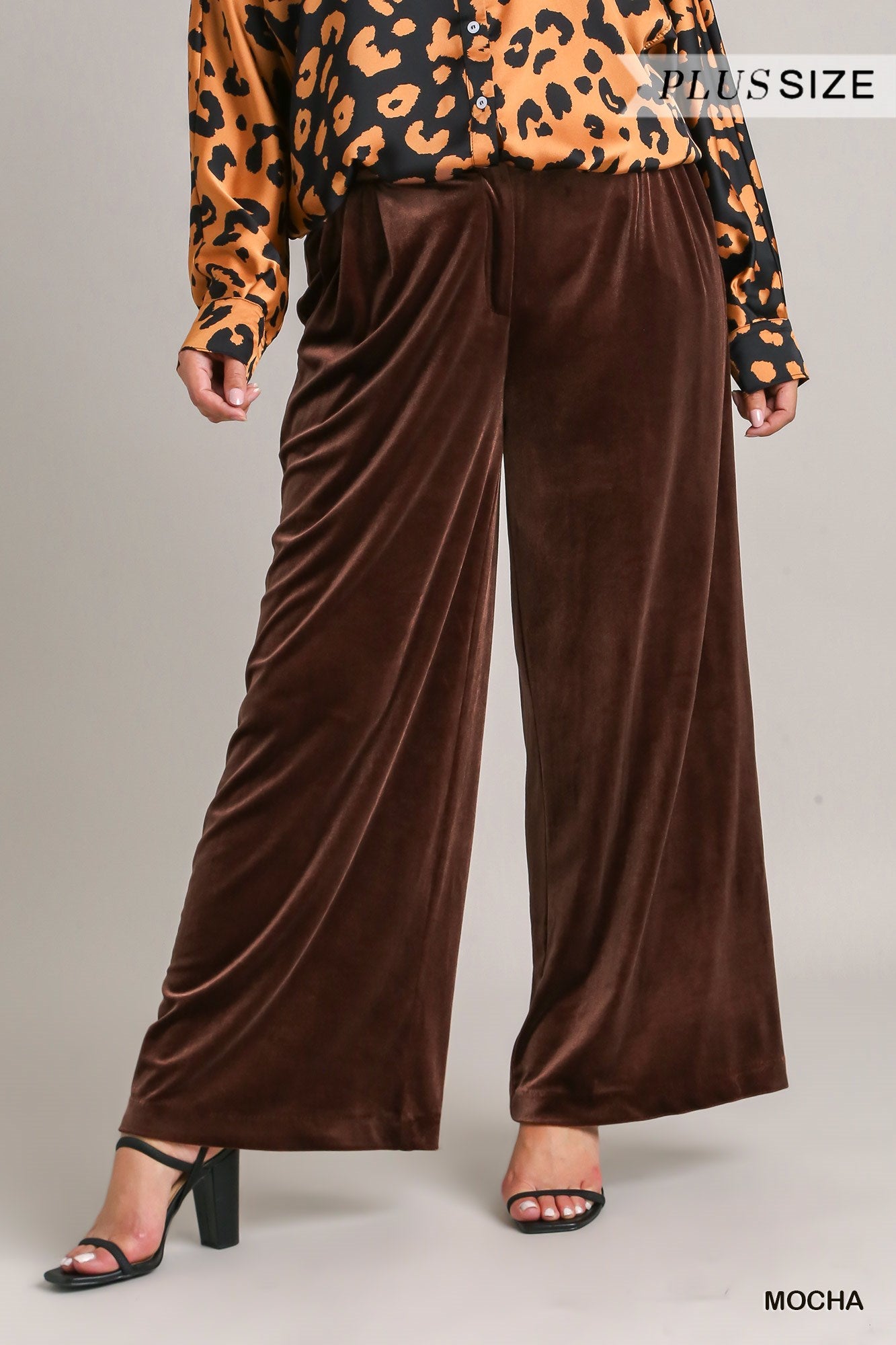 Umgee Plus Velvet High Waisted Pleated Wide Leg Pants