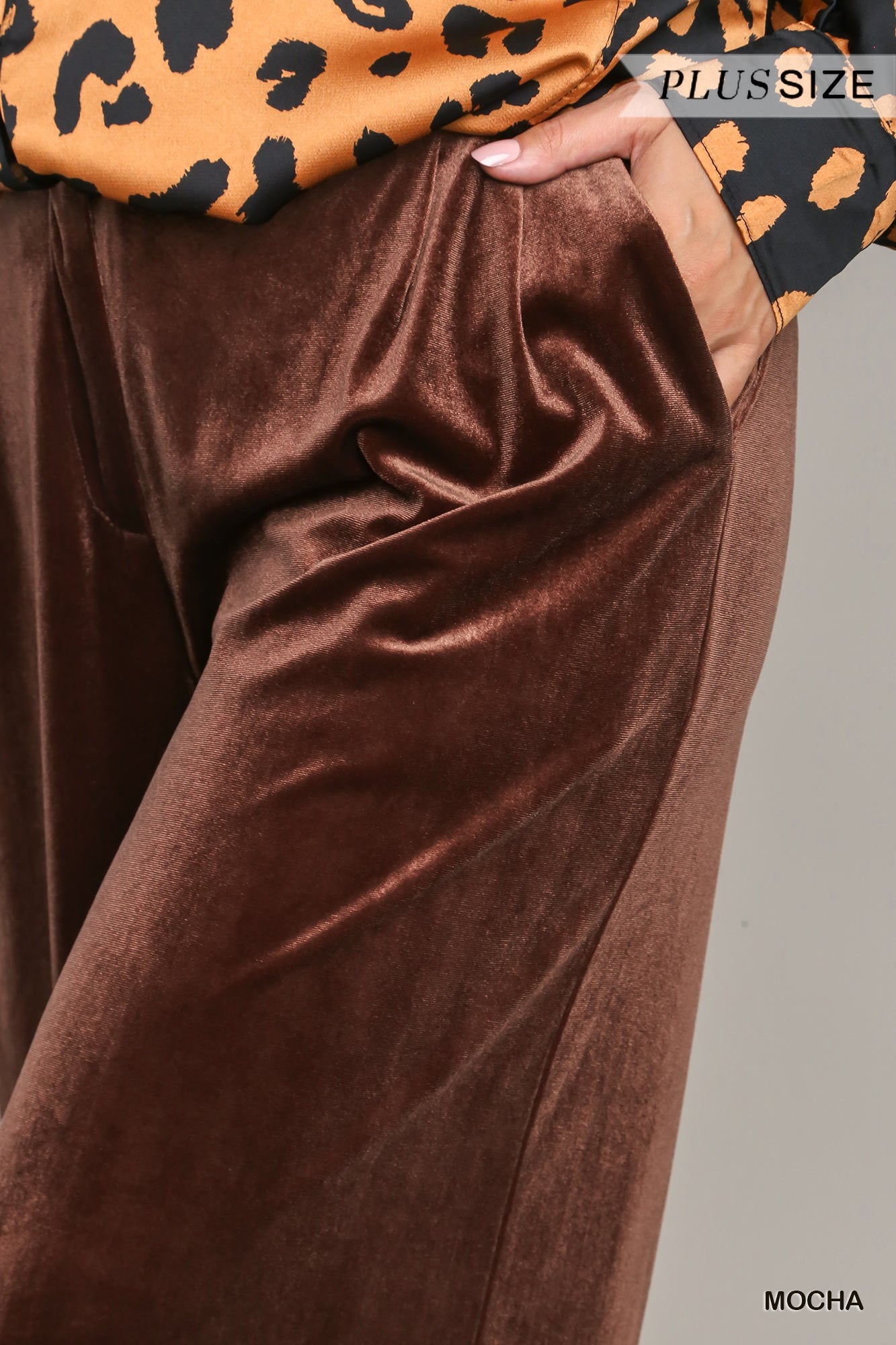 Umgee Plus Velvet High Waisted Pleated Wide Leg Pants