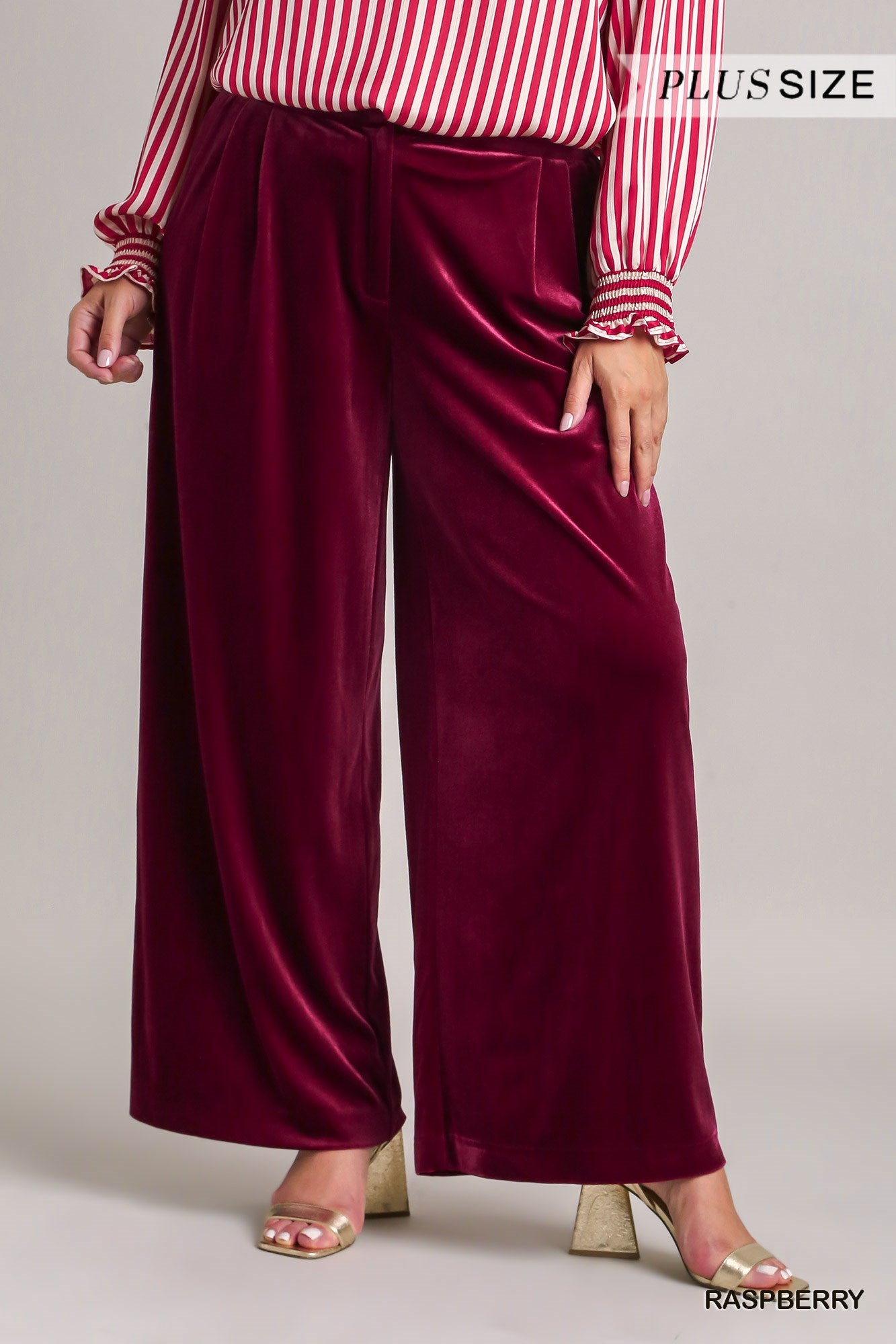 Umgee Plus Velvet High Waisted Pleated Wide Leg Pants