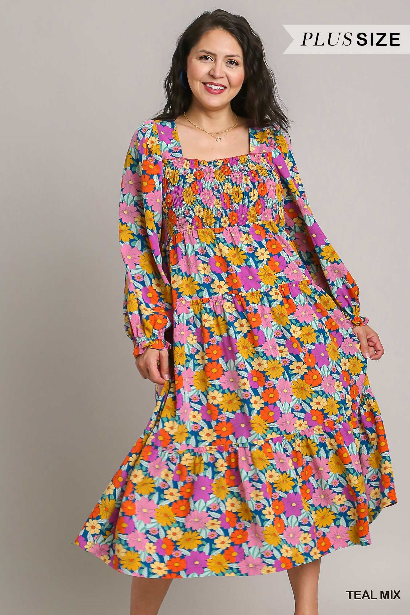 Umgee Plus Floral Print Ruffle Cuffed Long Sleeve Square Neck Dress