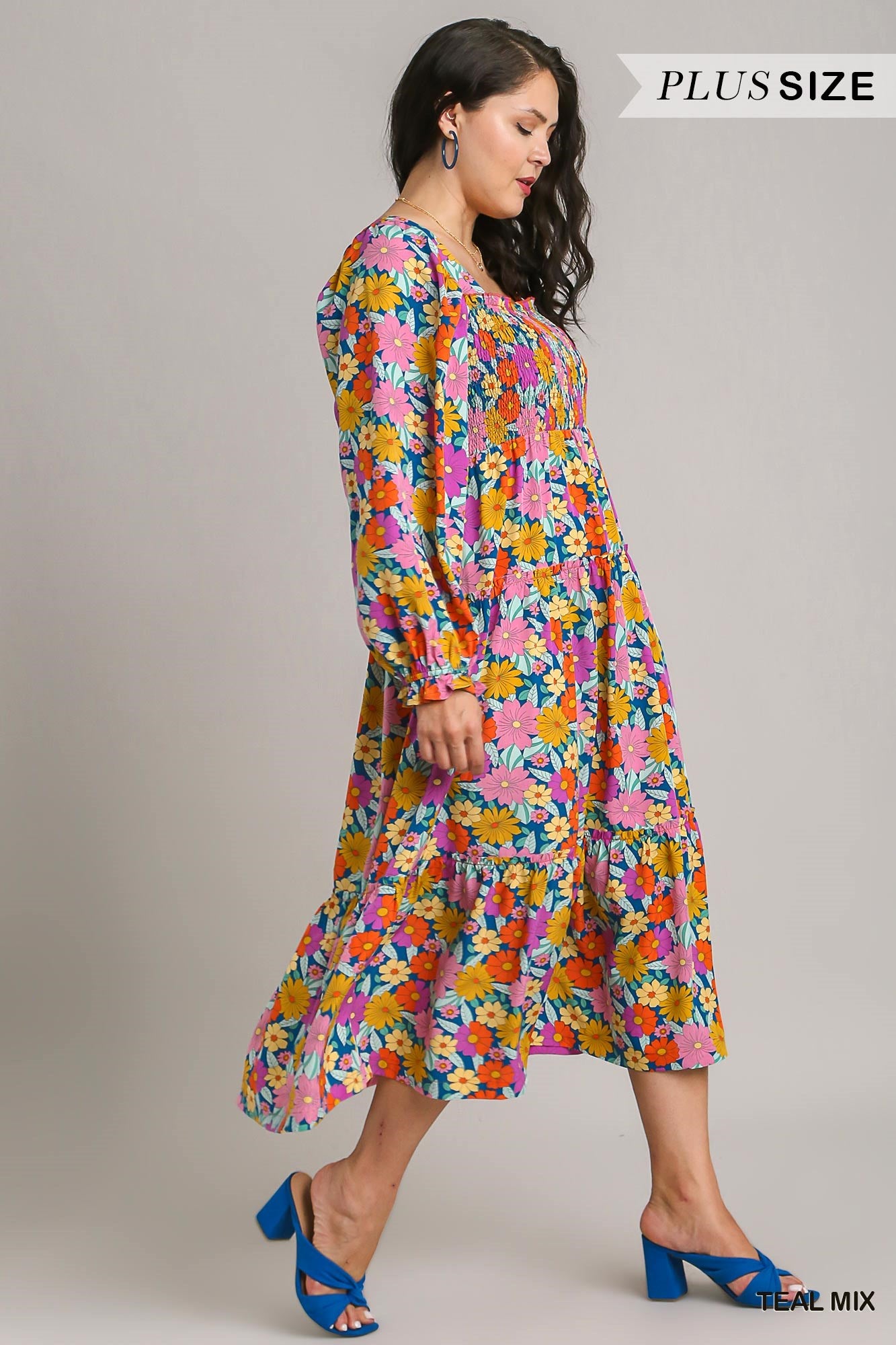 Umgee Plus Floral Print Ruffle Cuffed Long Sleeve Square Neck Dress