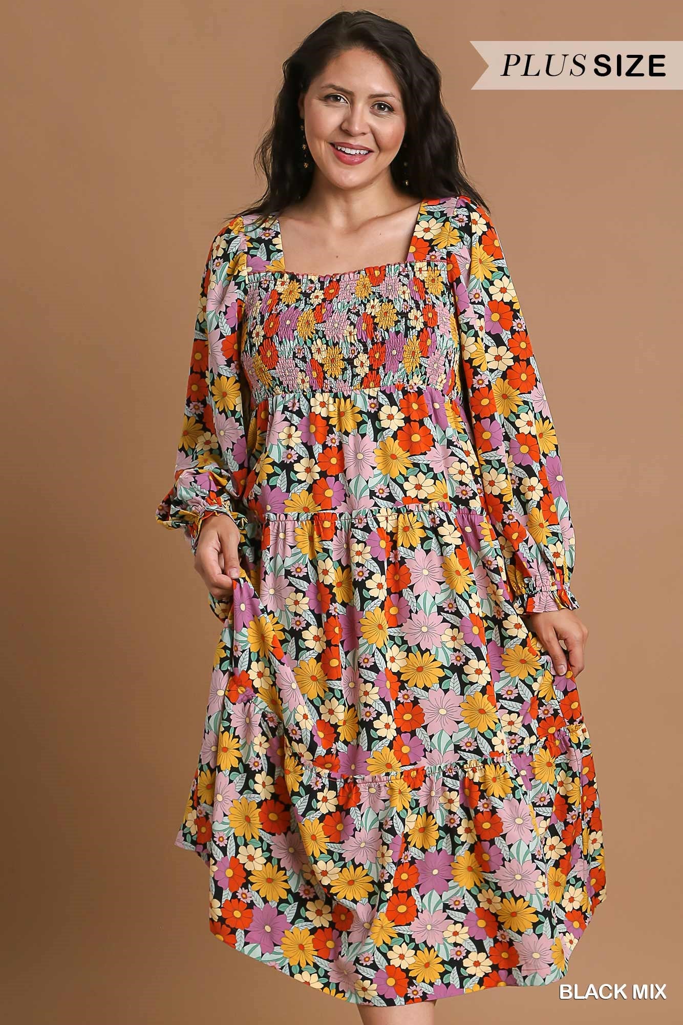 Umgee Plus Floral Print Ruffle Cuffed Long Sleeve Square Neck Dress