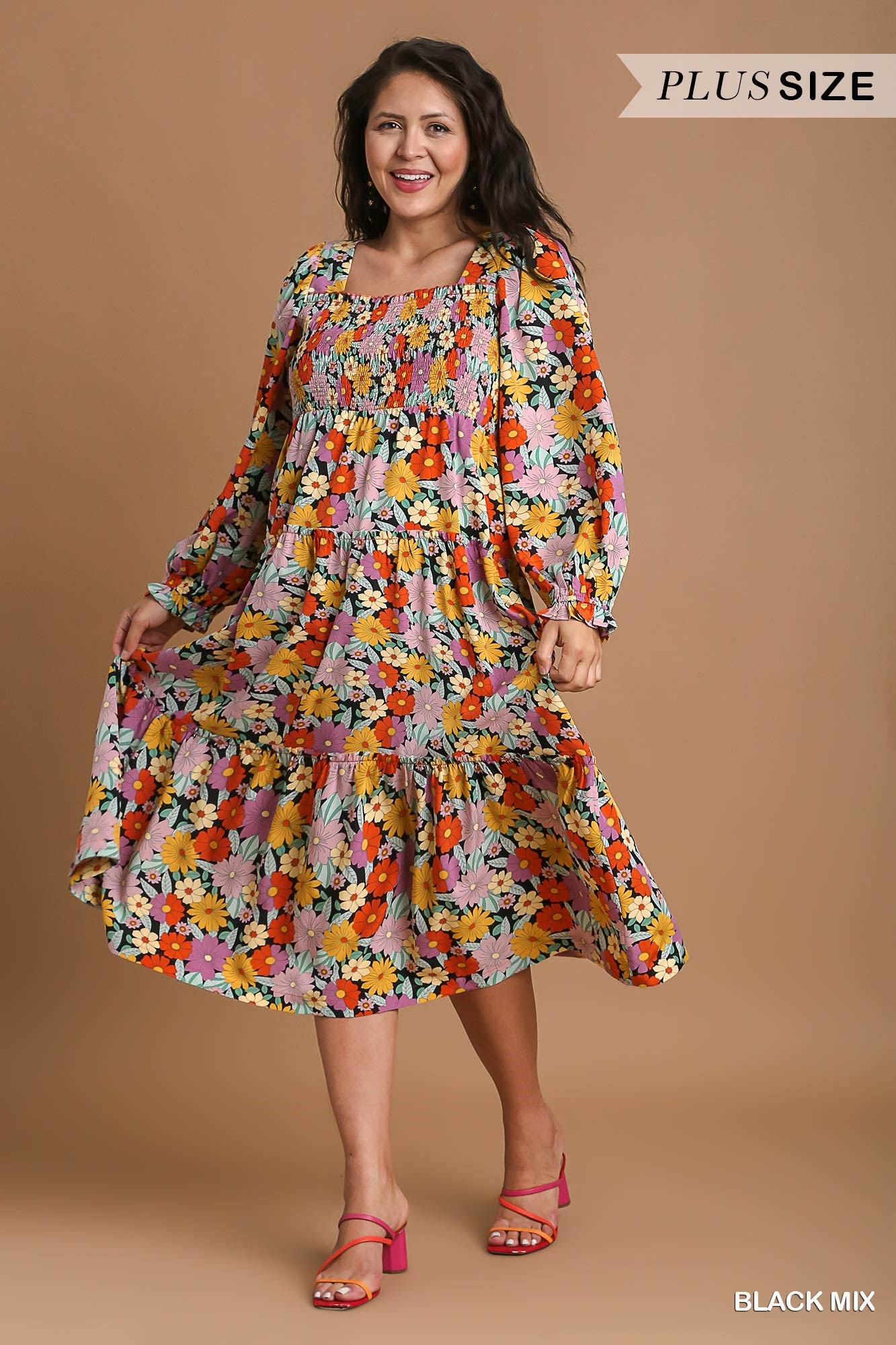 Umgee Plus Floral Print Ruffle Cuffed Long Sleeve Square Neck Dress