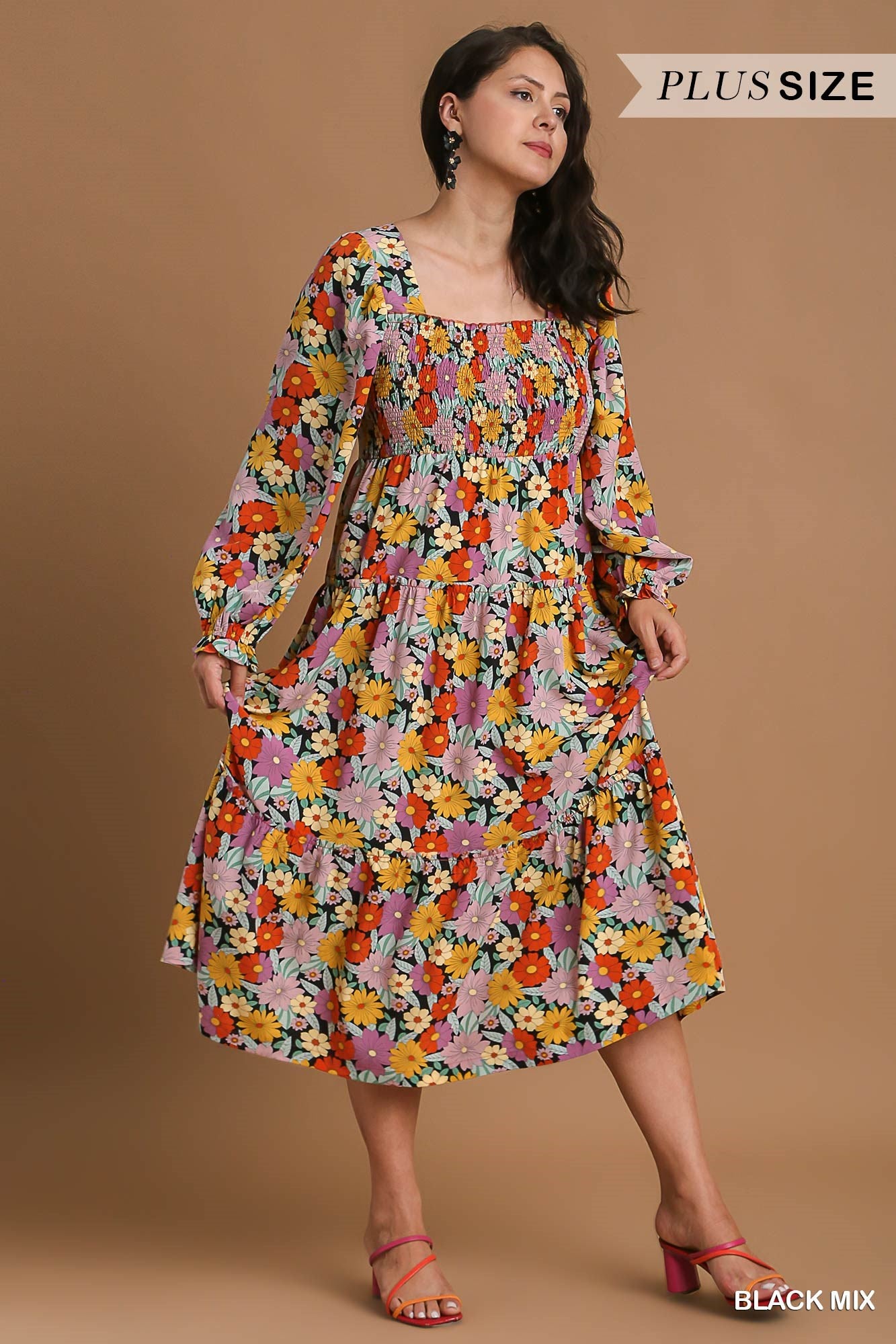 Umgee Plus Floral Print Ruffle Cuffed Long Sleeve Square Neck Dress