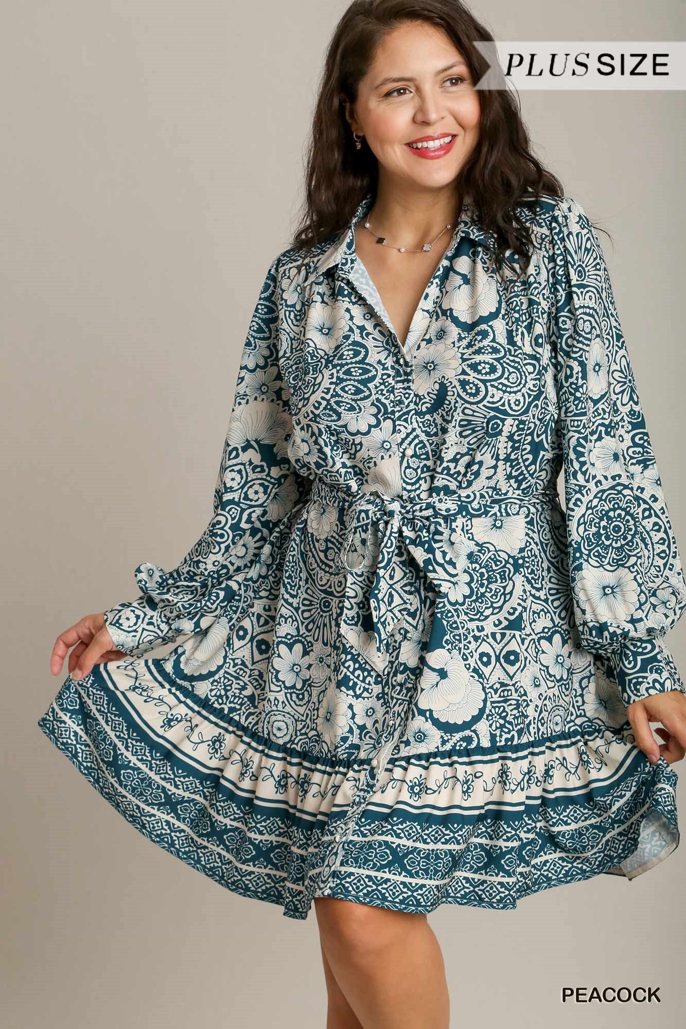 Umgee Plus Two Tone Floral Boarder Print Belt Dress