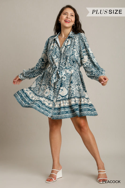 Umgee Plus Two Tone Floral Boarder Print Belt Dress